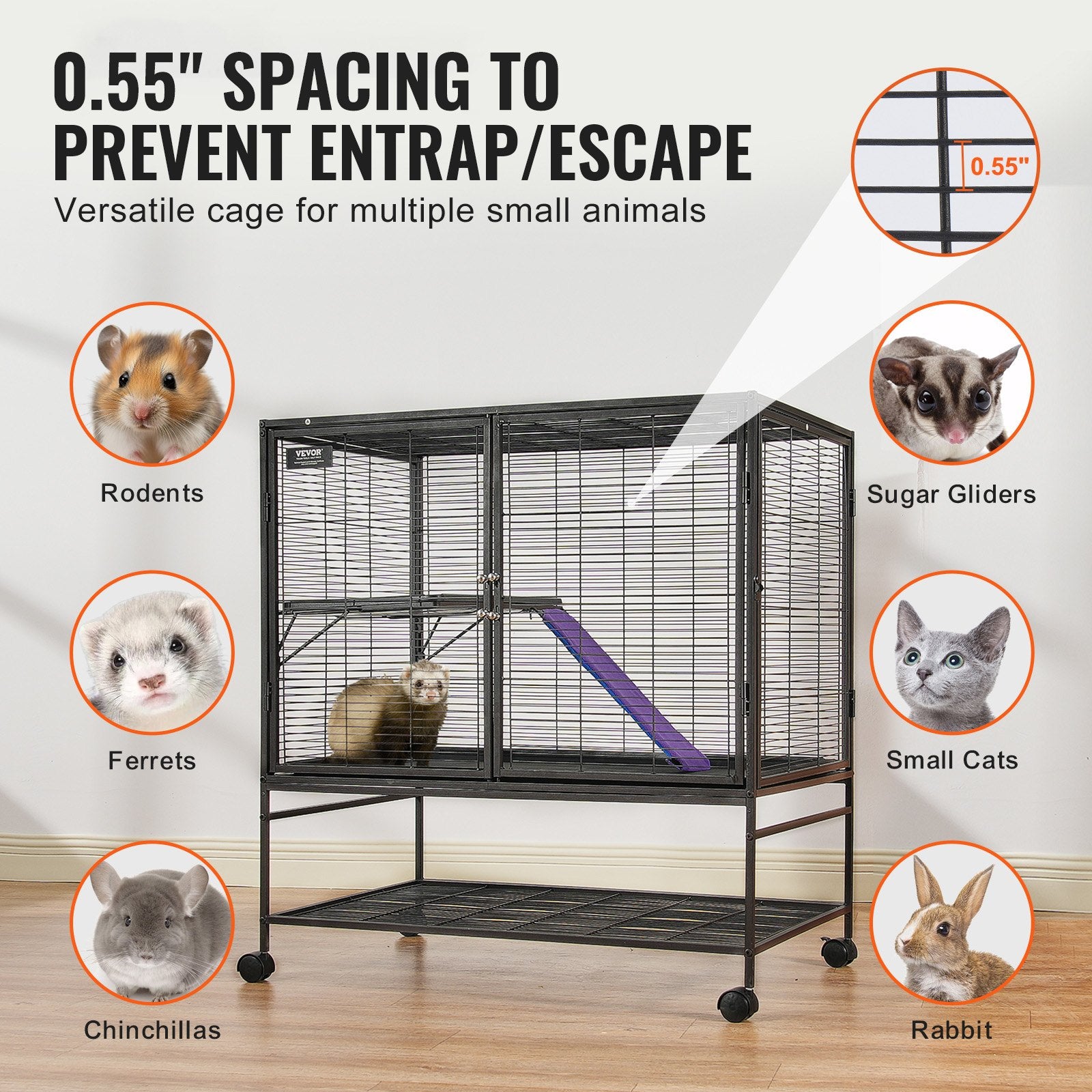 39" Rolling Metal Ferret Cage 2-Tier Small Animal Cage with Ramps & Tray
