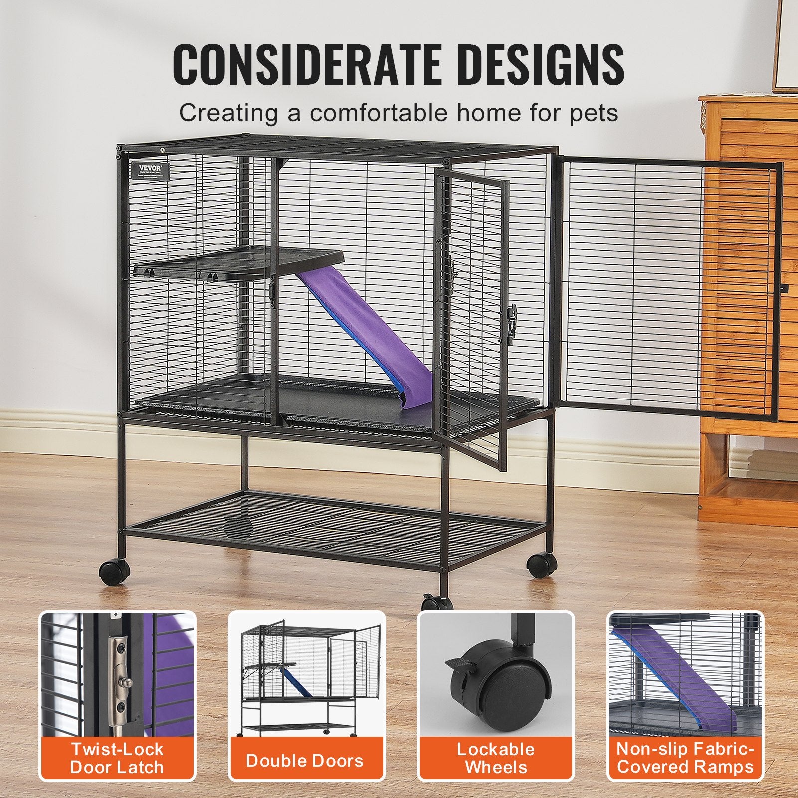 39" Rolling Metal Ferret Cage 2-Tier Small Animal Cage with Ramps & Tray