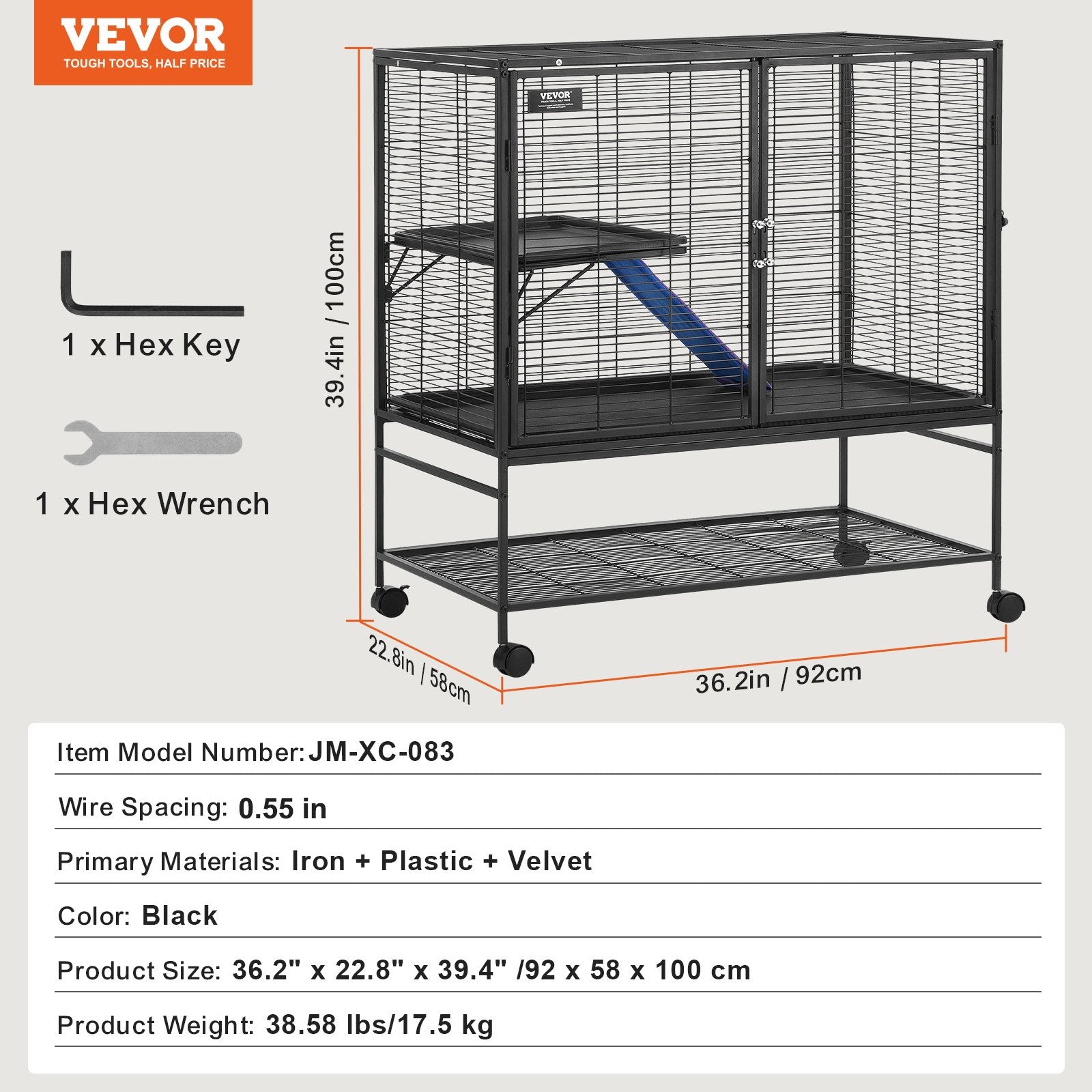 39" Rolling Metal Ferret Cage 2-Tier Small Animal Cage with Ramps & Tray
