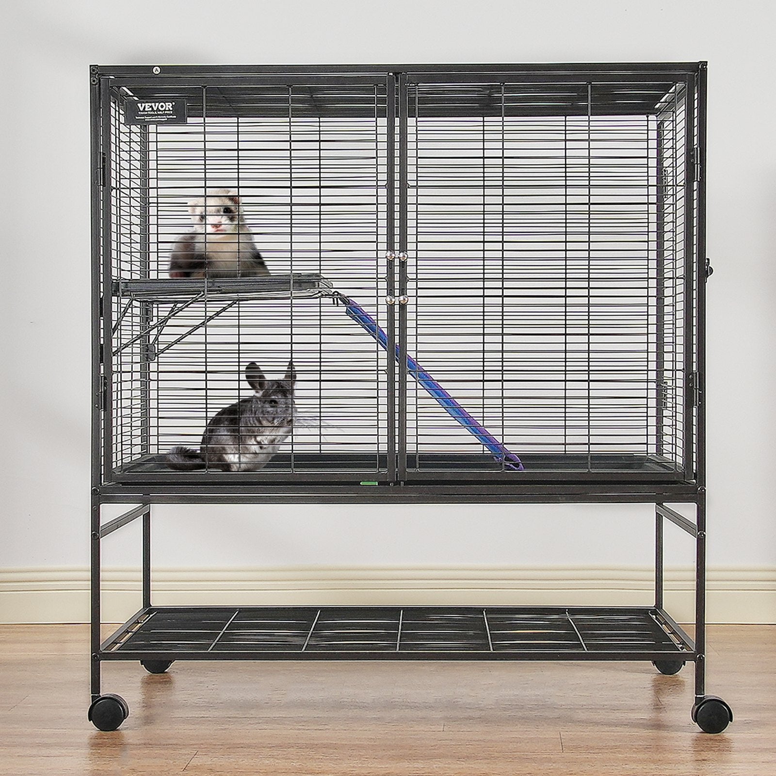 39" Rolling Metal Ferret Cage 2-Tier Small Animal Cage with Ramps & Tray