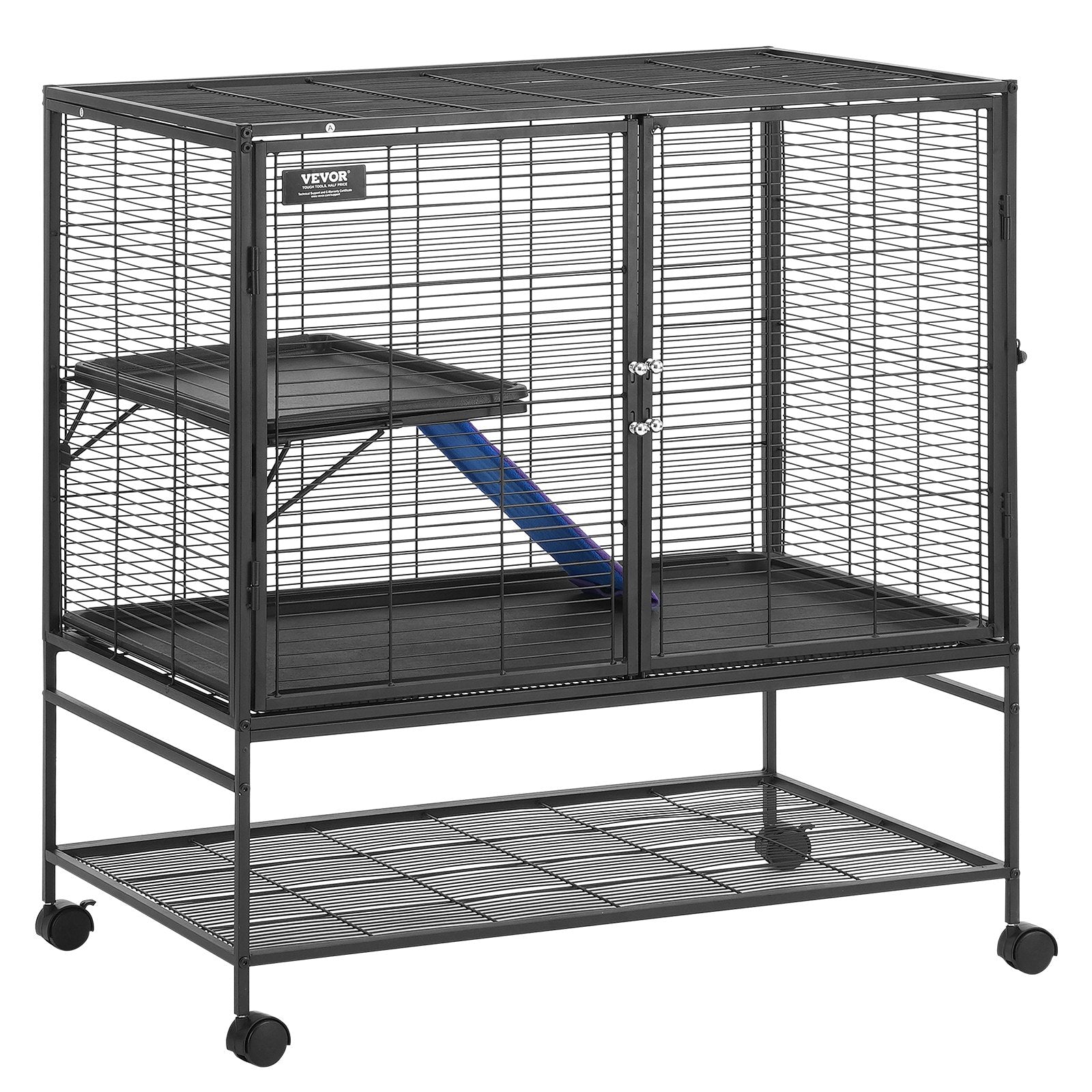 39" Rolling Metal Ferret Cage 2-Tier Small Animal Cage with Ramps & Tray