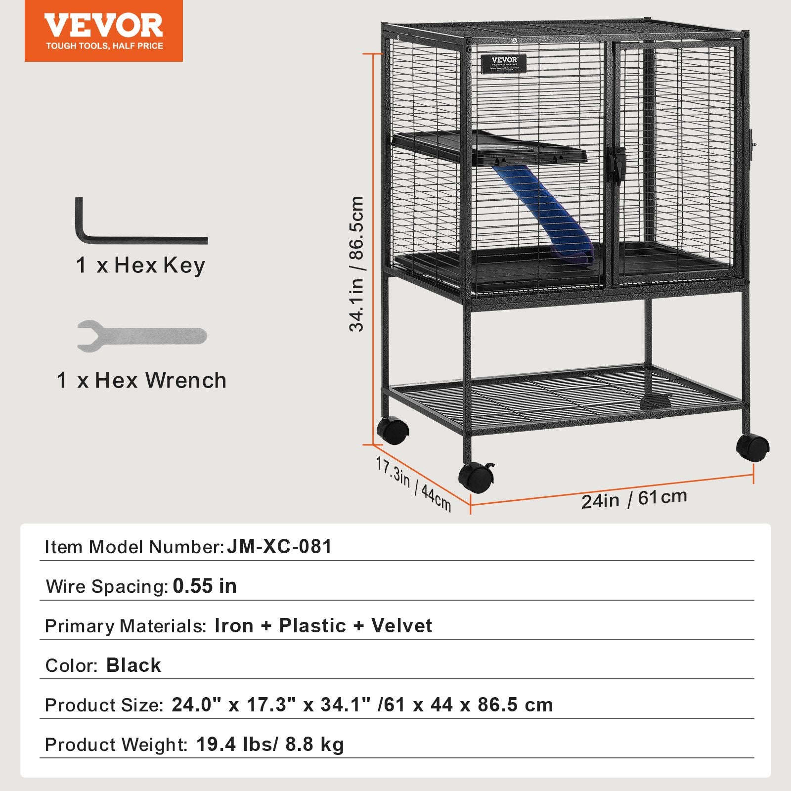 34" Rolling Metal Ferret Cage 2-Tier Small Animal Cage with Ramps and Tray