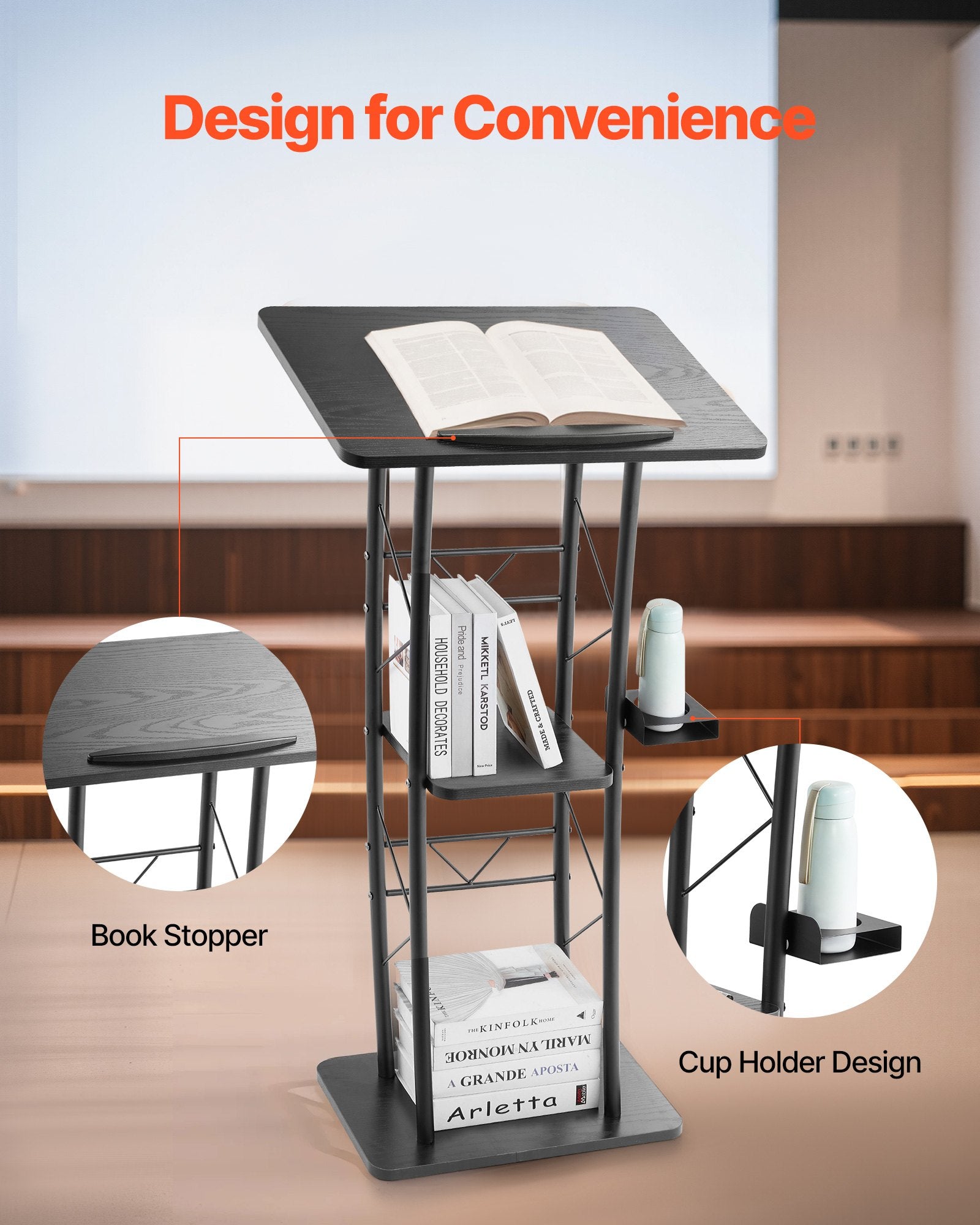 Podium Stand 1180mm Metal Lectern Curved Wide Surface Storage Cup Holder
