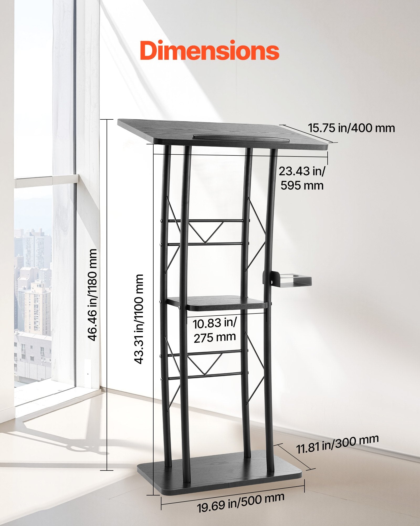 Podium Stand 1180mm Metal Lectern Curved Wide Surface Storage Cup Holder