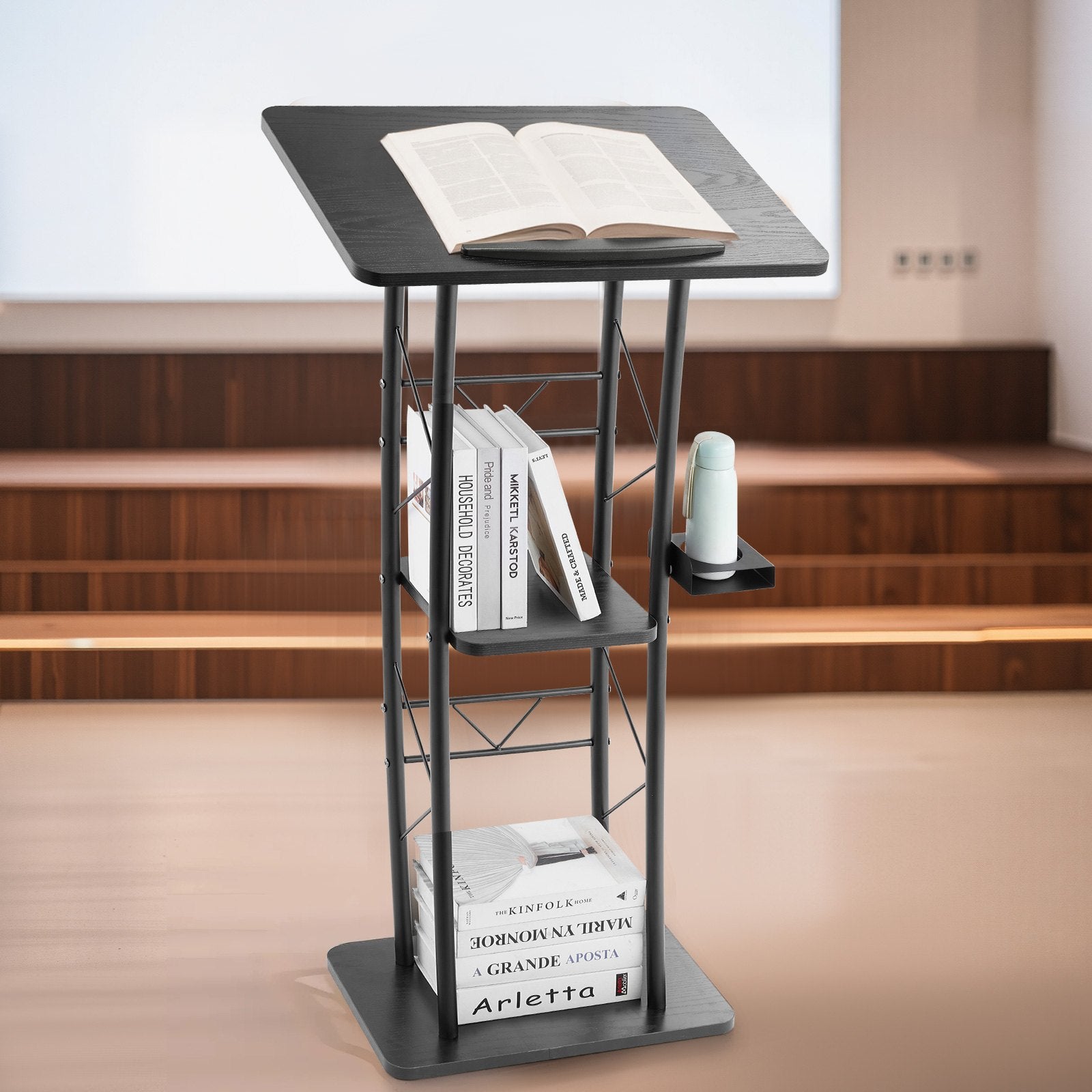 Podium Stand 1180mm Metal Lectern Curved Wide Surface Storage Cup Holder