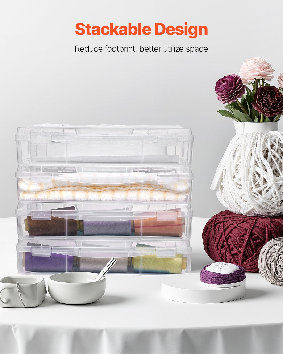 Scrapbook Paper Storage 4-Pack Stackable Clear Plastic Boxes w/Double Latches