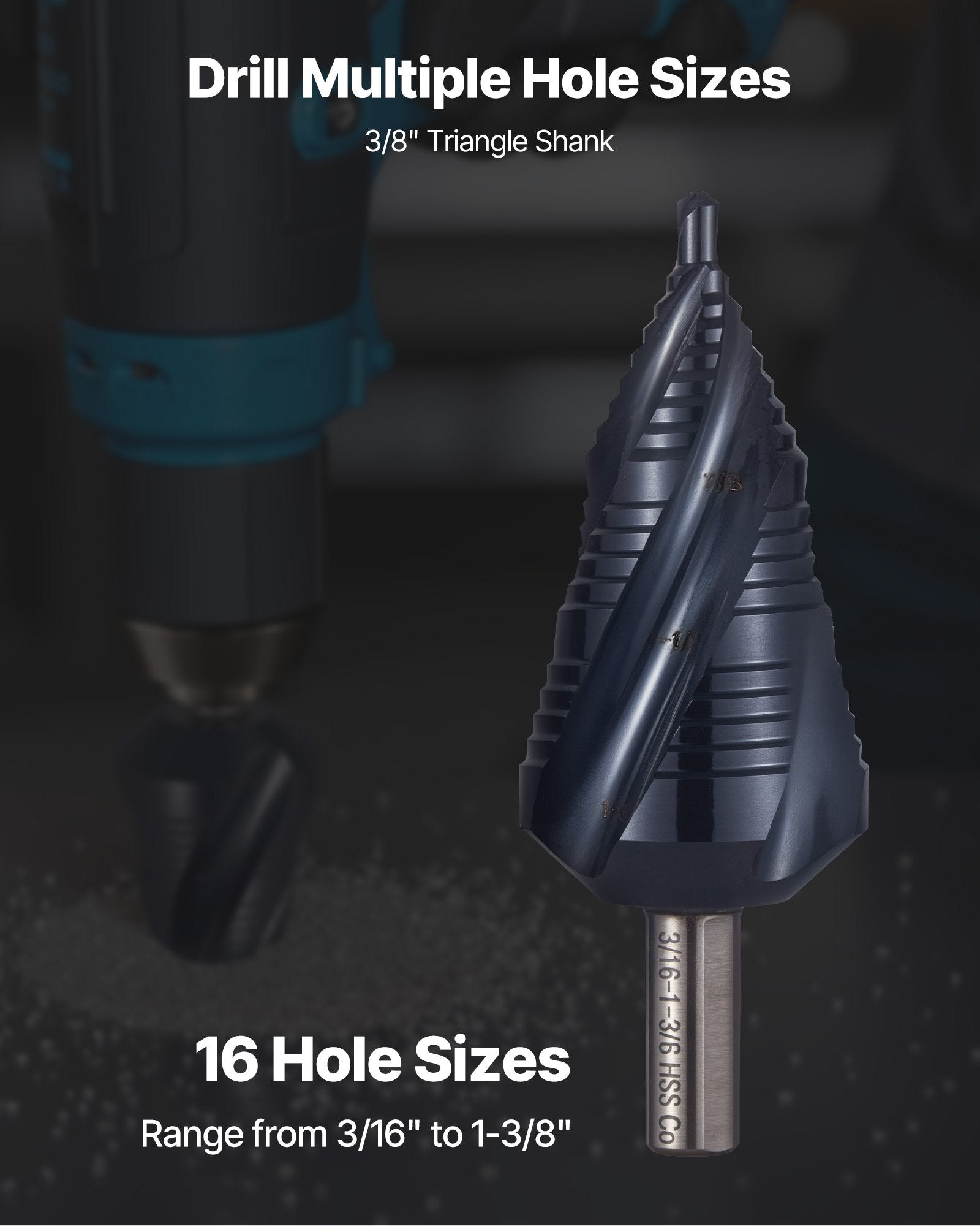 Step Drill Bit 4.76–34.93 mm, Triangular Shank, TiAlN Coated HSS, 4 Spiral Flute