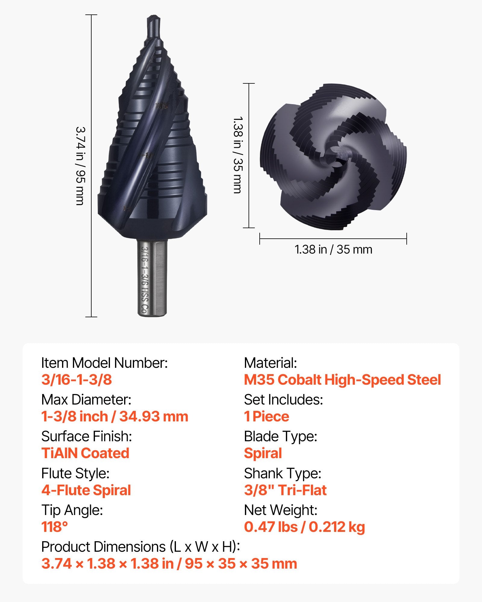 Step Drill Bit 4.76–34.93 mm, Triangular Shank, TiAlN Coated HSS, 4 Spiral Flute