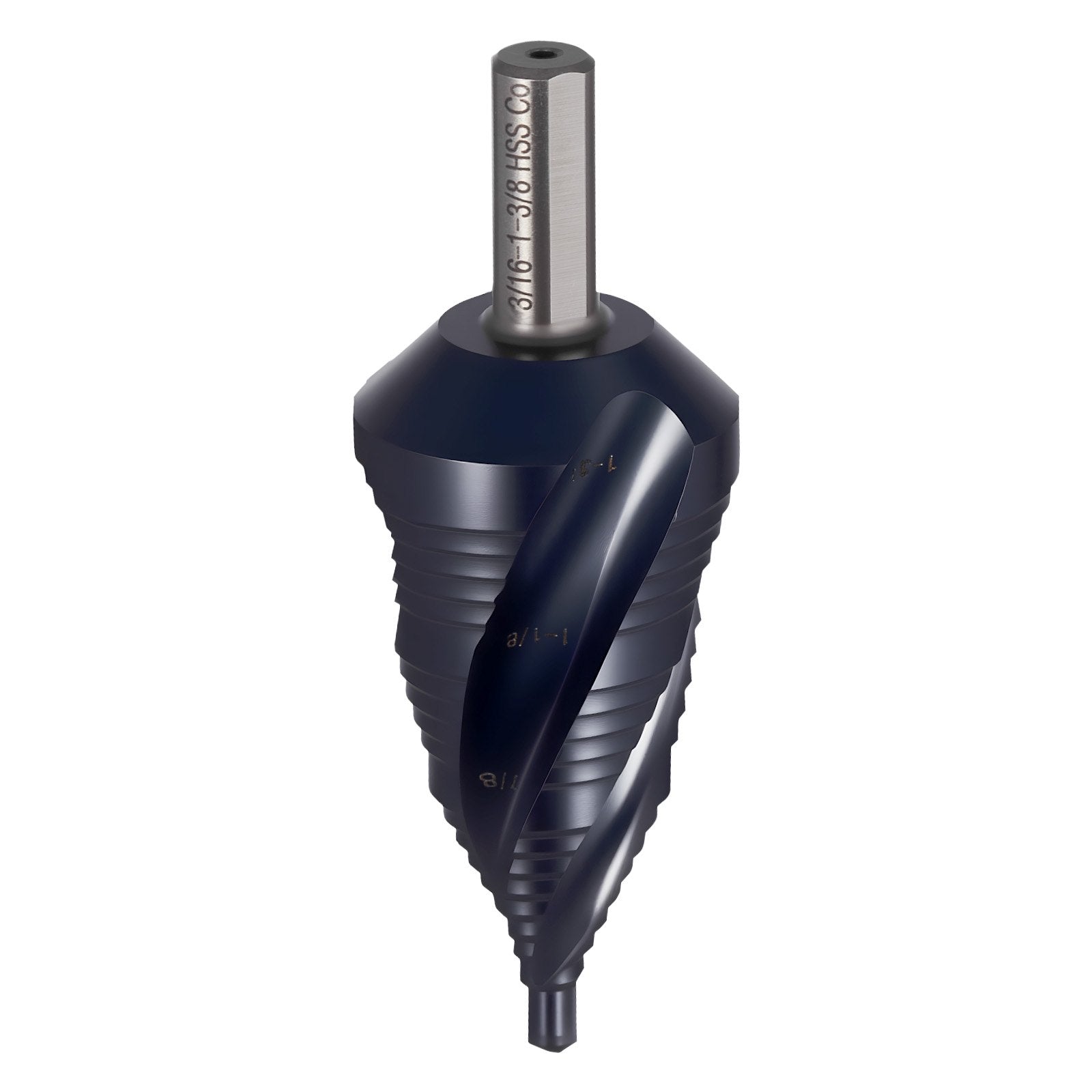 Step Drill Bit 4.76–34.93 mm, Triangular Shank, TiAlN Coated HSS, 4 Spiral Flute