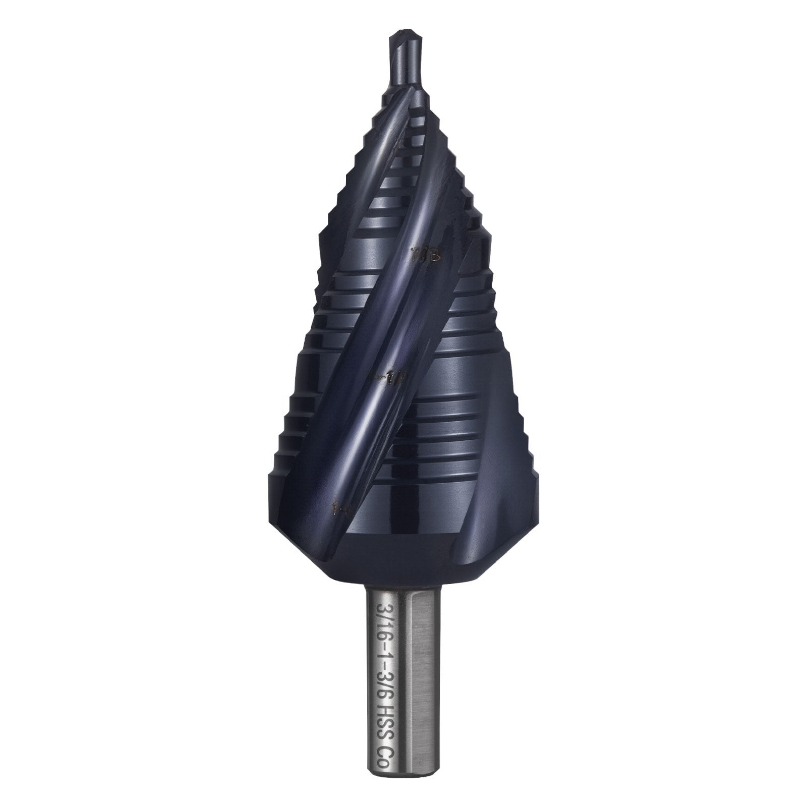 Step Drill Bit 4.76–34.93 mm, Triangular Shank, TiAlN Coated HSS, 4 Spiral Flute