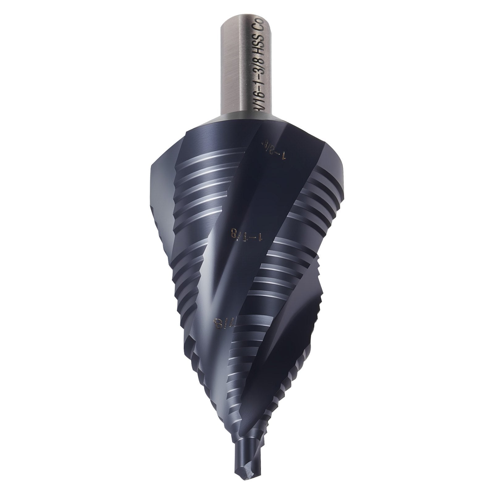 Step Drill Bit 4.76–34.93 mm, Triangular Shank, TiAlN Coated HSS, 4 Spiral Flute