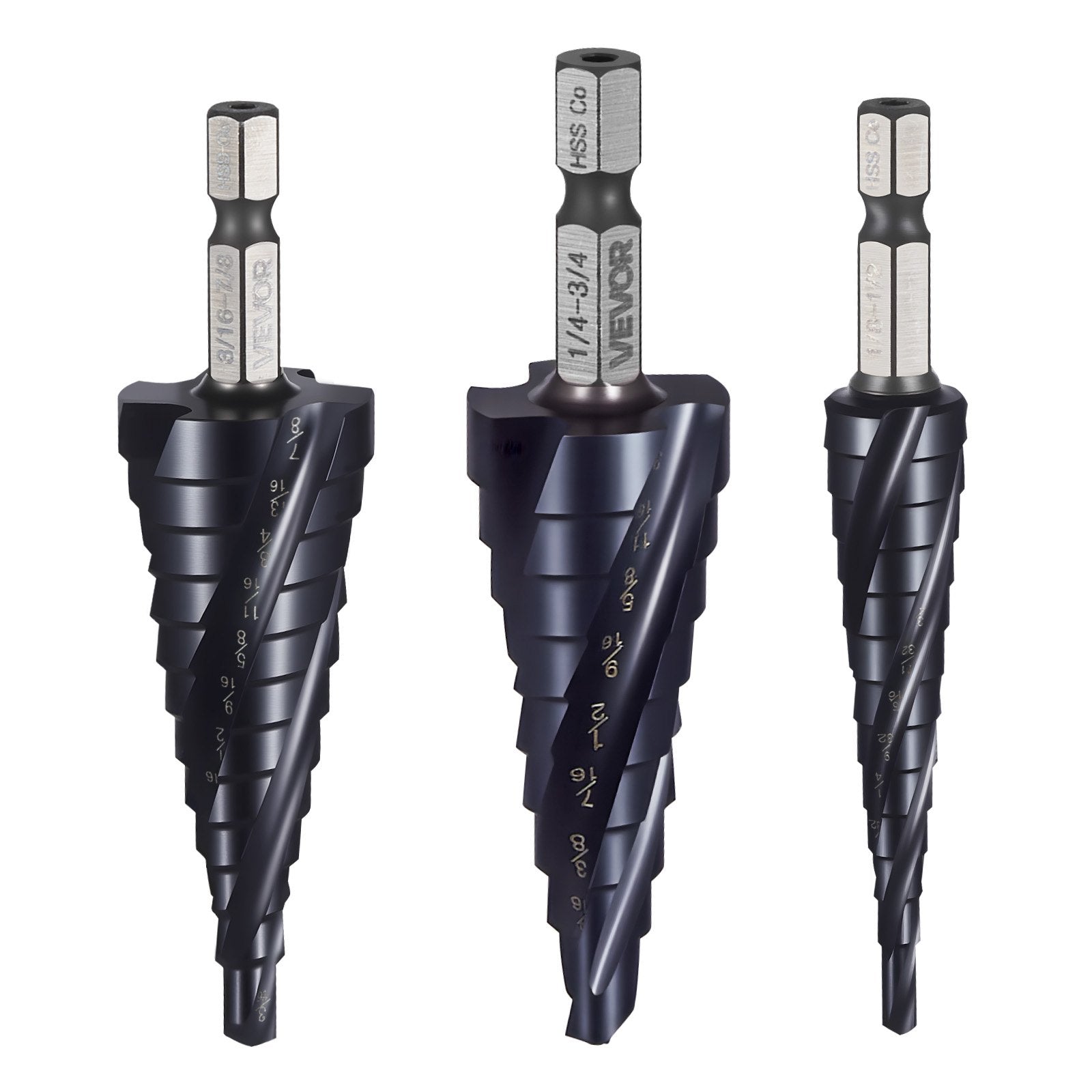 Step Drill Bit Set 3.2–22.2 mm, 3 Pieces, 6.35 mm Hex Shank, TiAlN Coated HSS