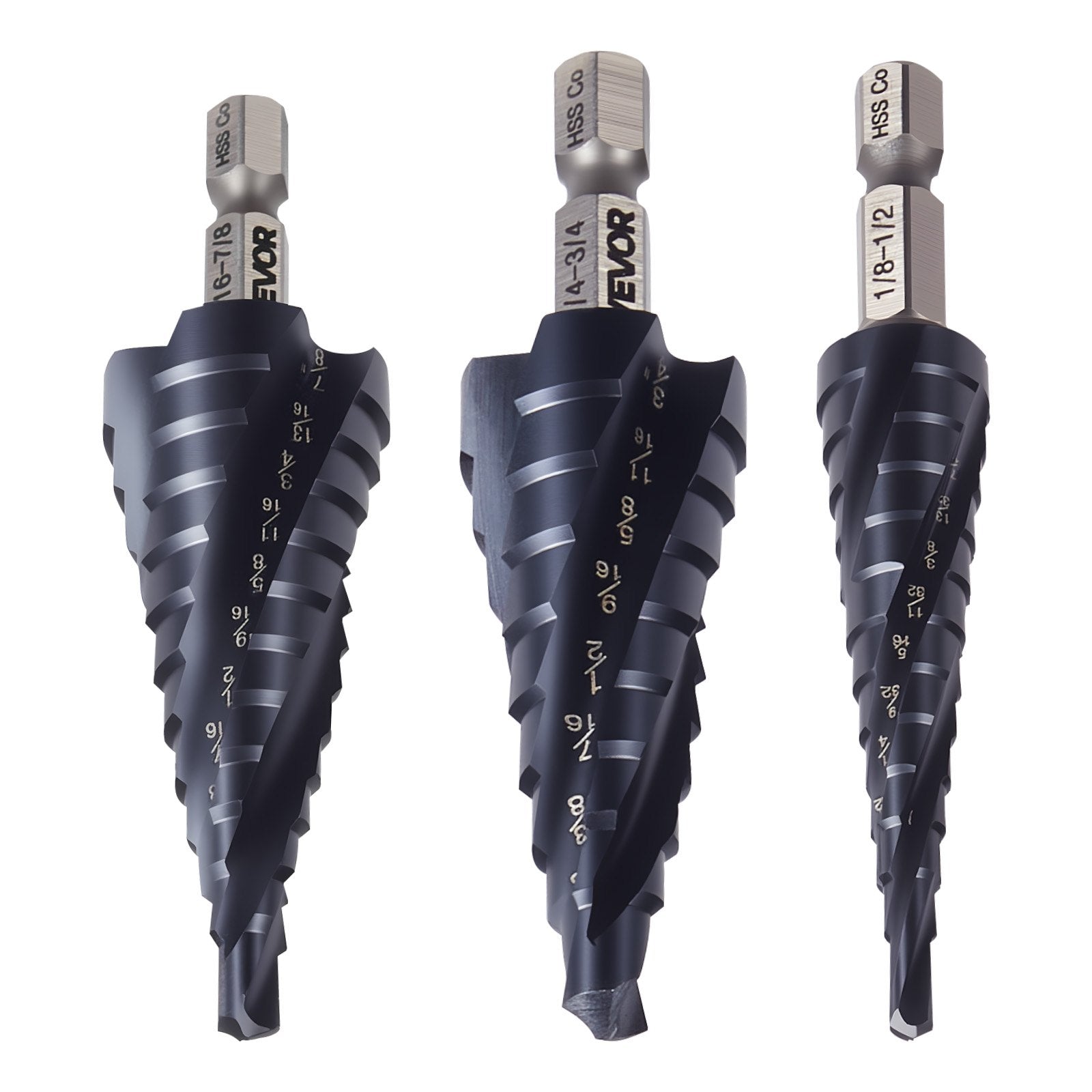 Step Drill Bit Set 3.2–22.2 mm, 3 Pieces, 6.35 mm Hex Shank, TiAlN Coated HSS