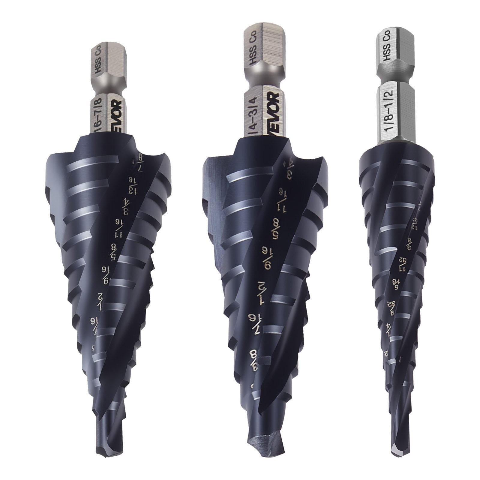 Step Drill Bit Set 3.2–22.2 mm, 3 Pieces, 6.35 mm Hex Shank, TiAlN Coated HSS