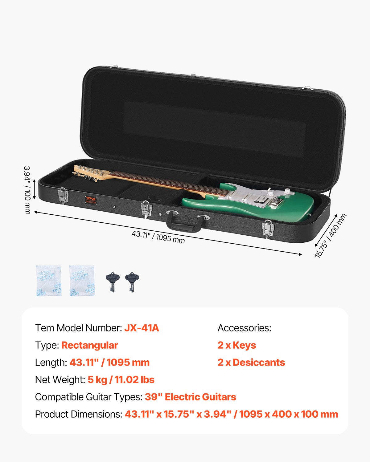 Waterproof Electric 109.5cm Rectangular Guitar Hard Case with Lock and Handle