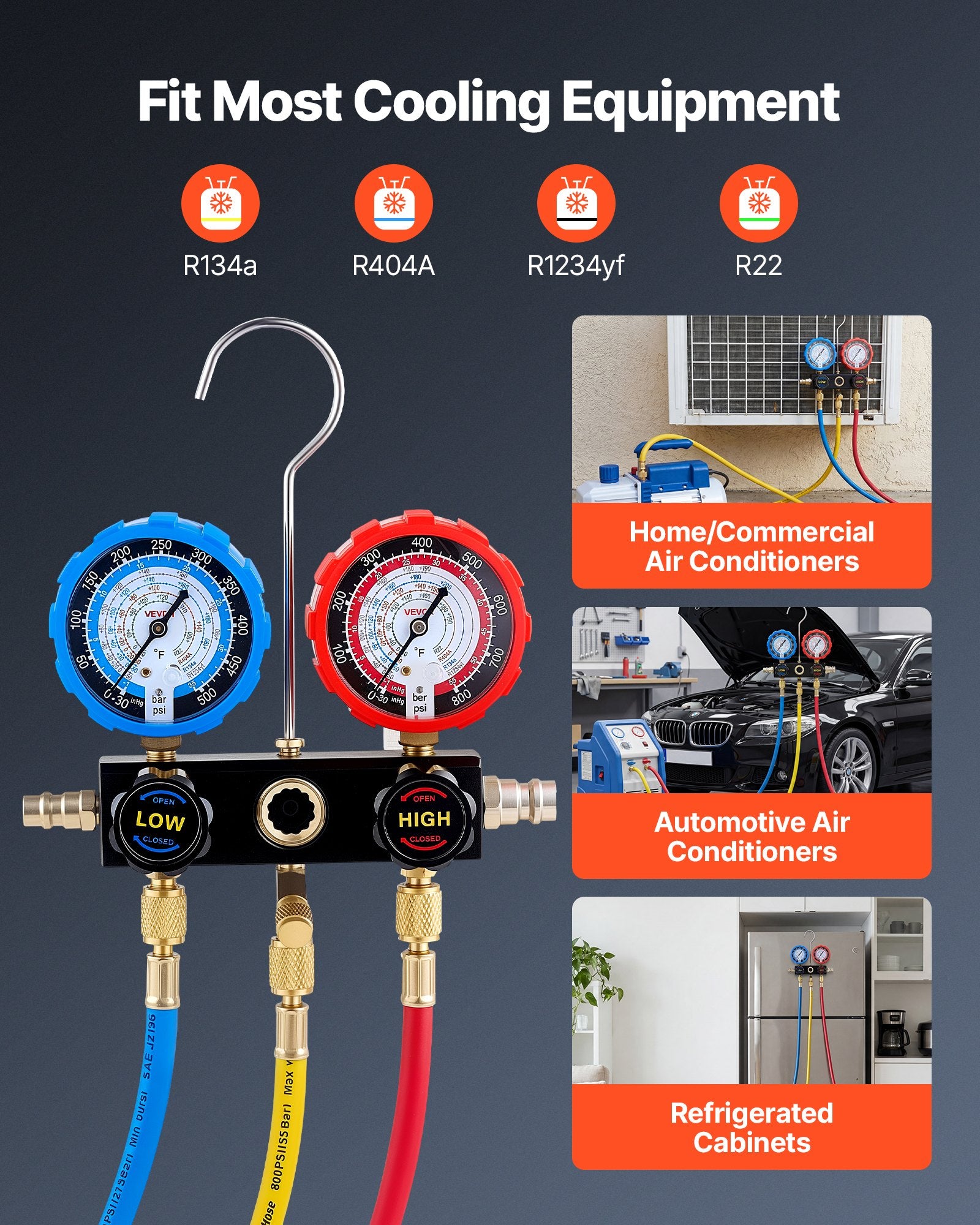 AC Manifold Gauge Set for R134a R404A R1234yf R22 with 1.5m Hoses Adapters