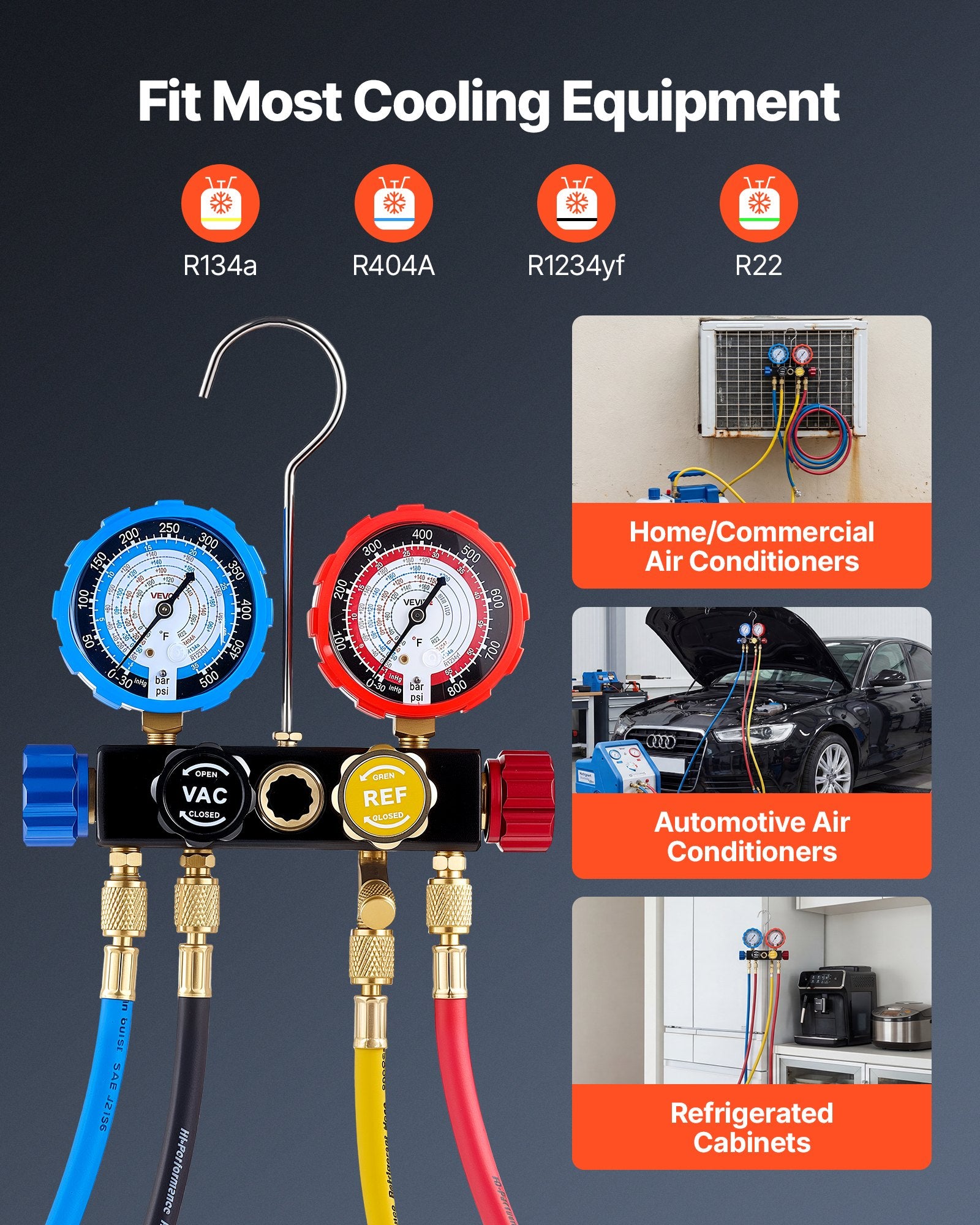 AC Manifold Gauge Set for R134a R404A R1234yf R22 4-Way with 1.5m Hoses Adapters