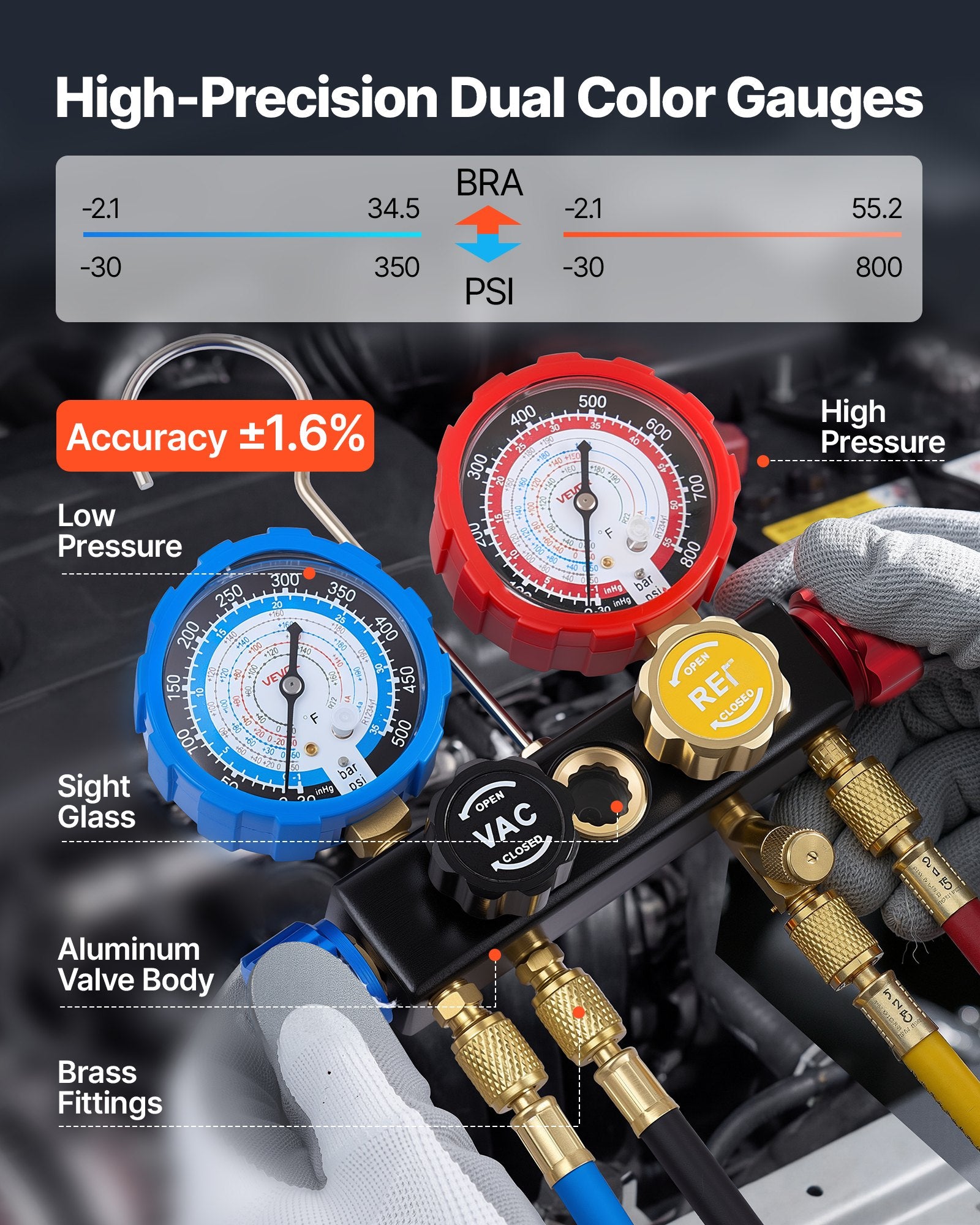 AC Manifold Gauge Set for R134a R404A R1234yf R22 4-Way with 1.5m Hoses Adapters