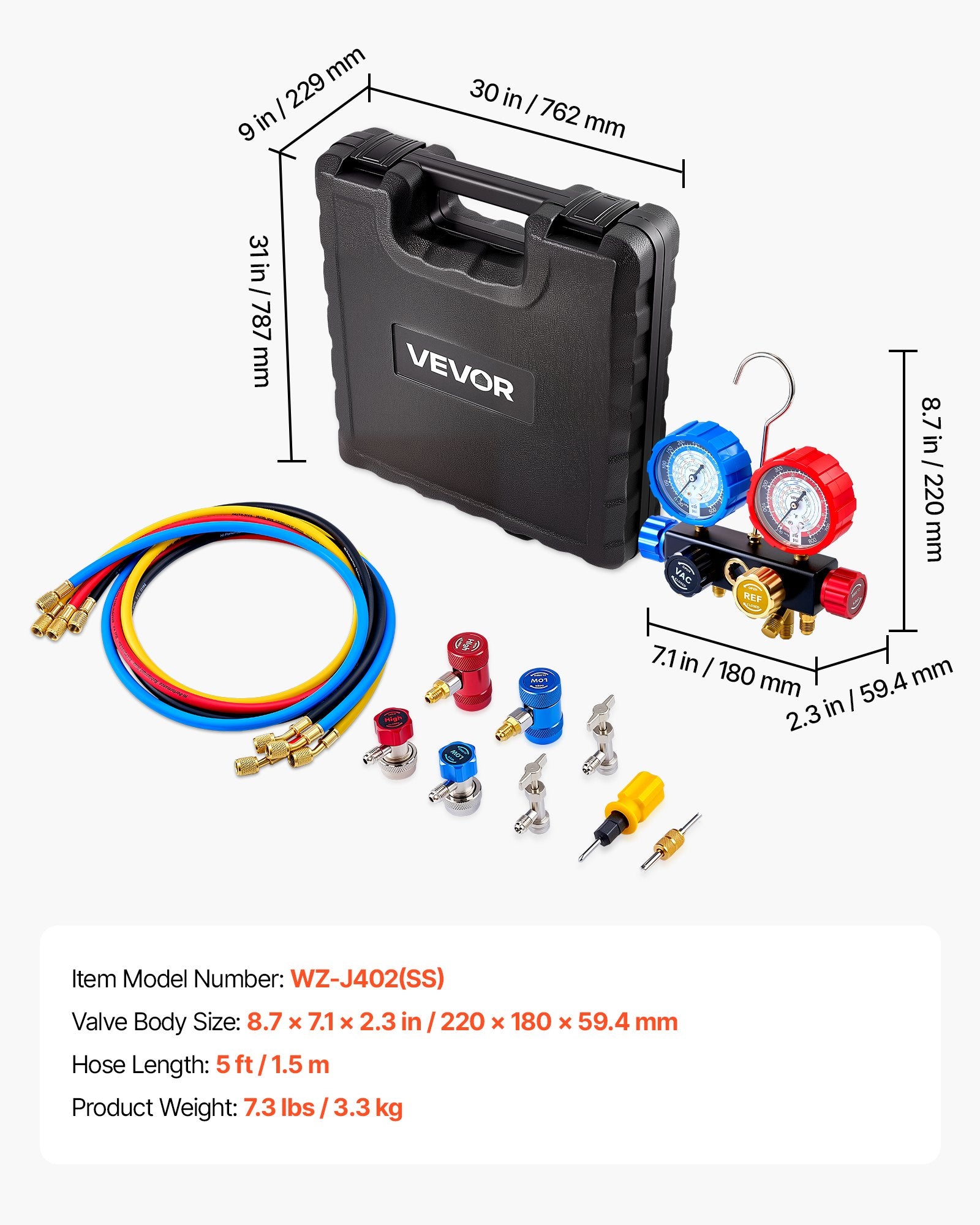 AC Manifold Gauge Set for R134a R404A R1234yf R22 4-Way with 1.5m Hoses Adapters