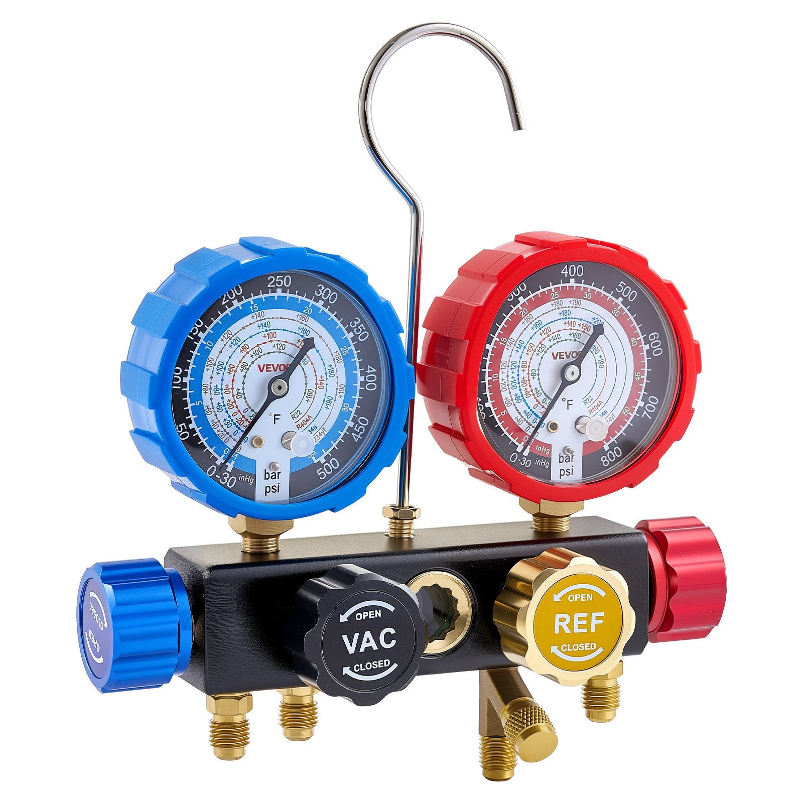 AC Manifold Gauge Set for R134a R404A R1234yf R22 4-Way with 1.5m Hoses Adapters