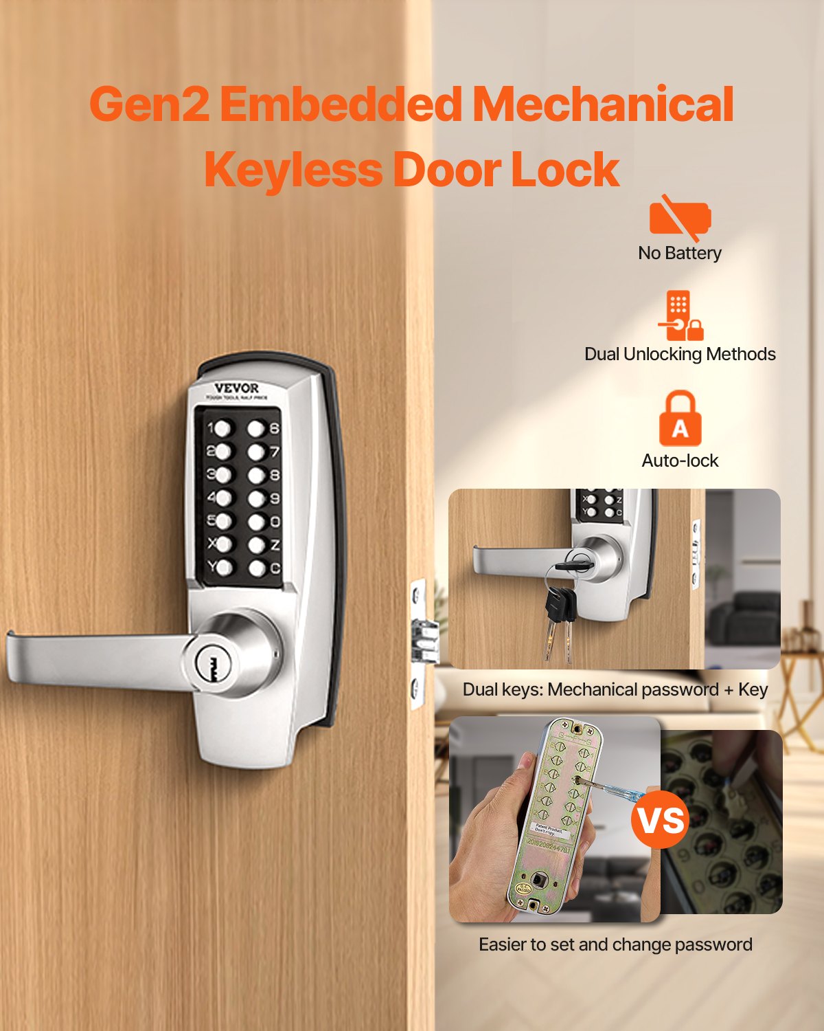 Mechanical Keyless Entry Door Lock 14-Key Keypad with Handle Stainless Steel