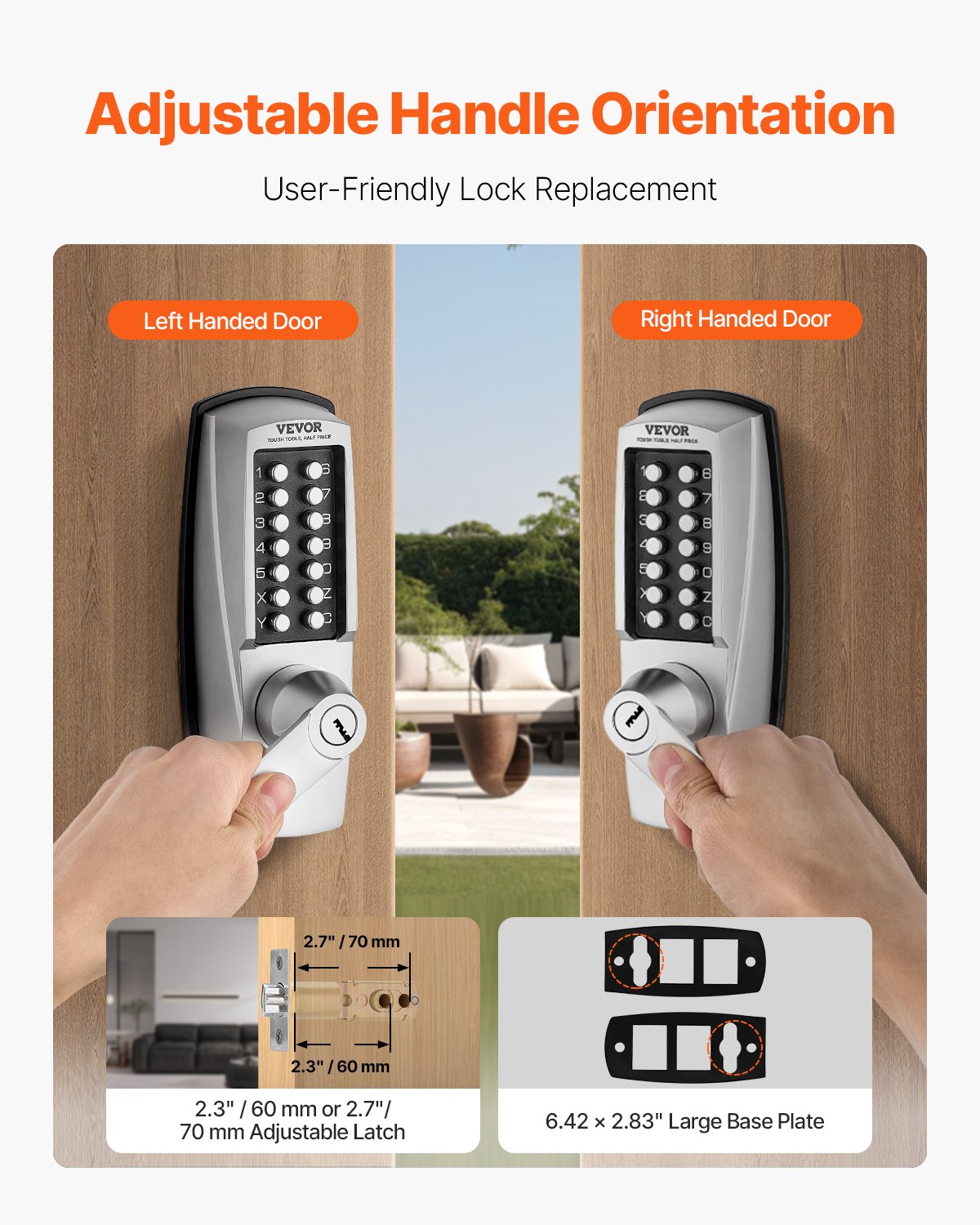 Mechanical Keyless Entry Door Lock 14-Key Keypad with Handle Stainless Steel