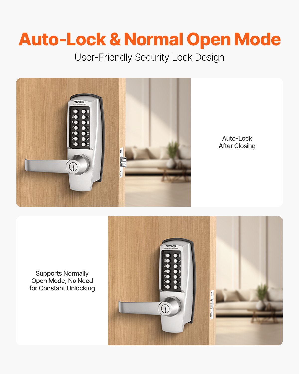 Mechanical Keyless Entry Door Lock 14-Key Keypad with Handle Stainless Steel
