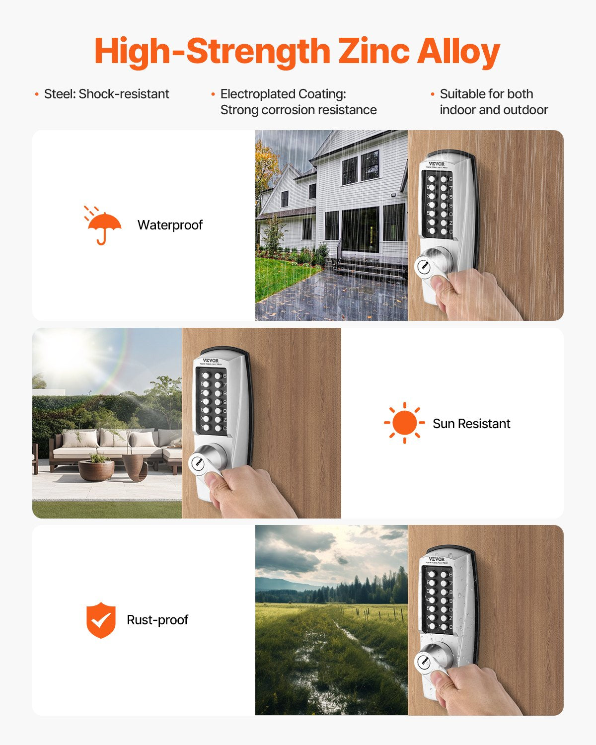 Mechanical Keyless Entry Door Lock 14-Key Keypad with Handle Stainless Steel