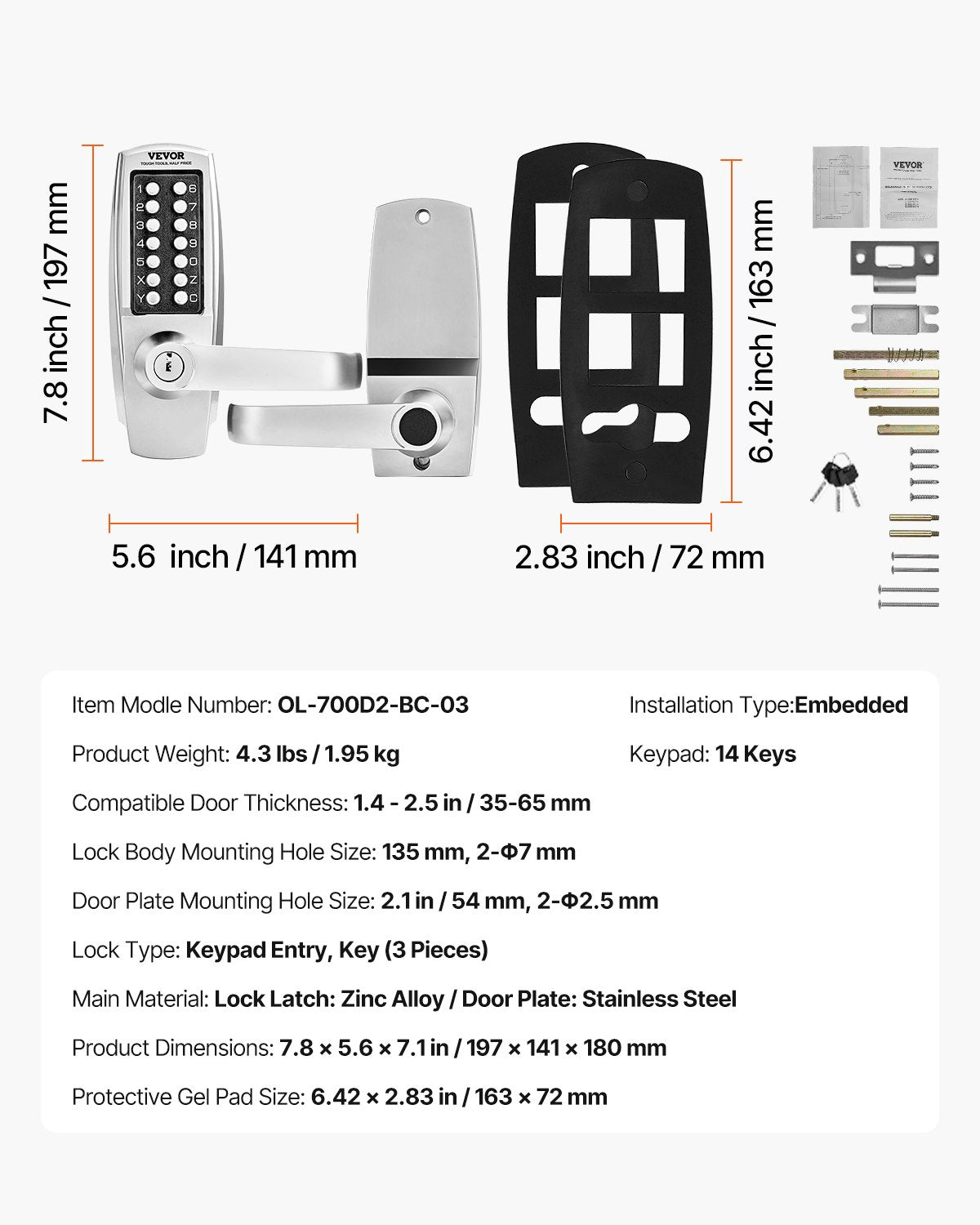 Mechanical Keyless Entry Door Lock 14-Key Keypad with Handle Stainless Steel