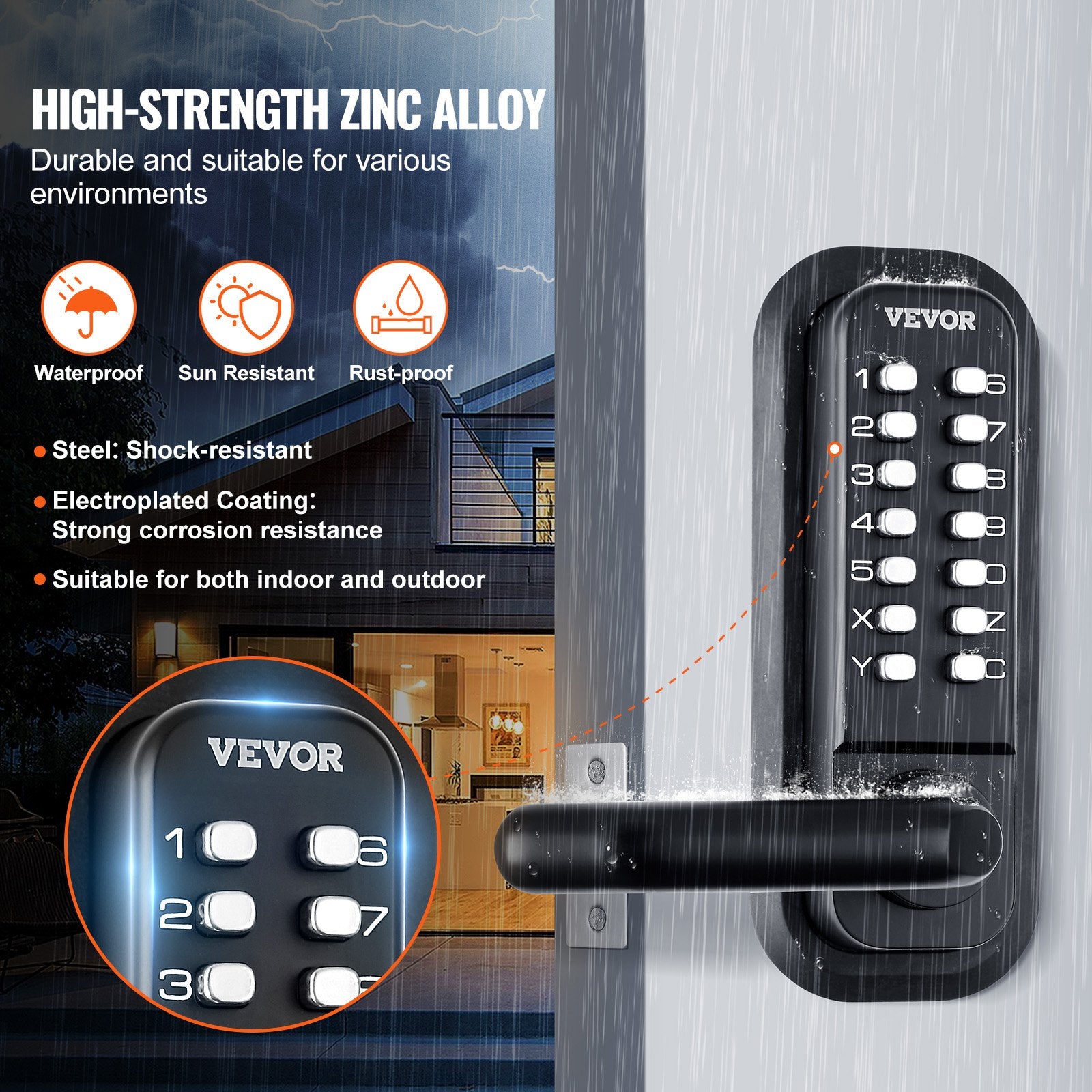 Mechanical Keyless Entry Door Lock 14-Digit Keypad Zinc Alloy Waterproof Garage
