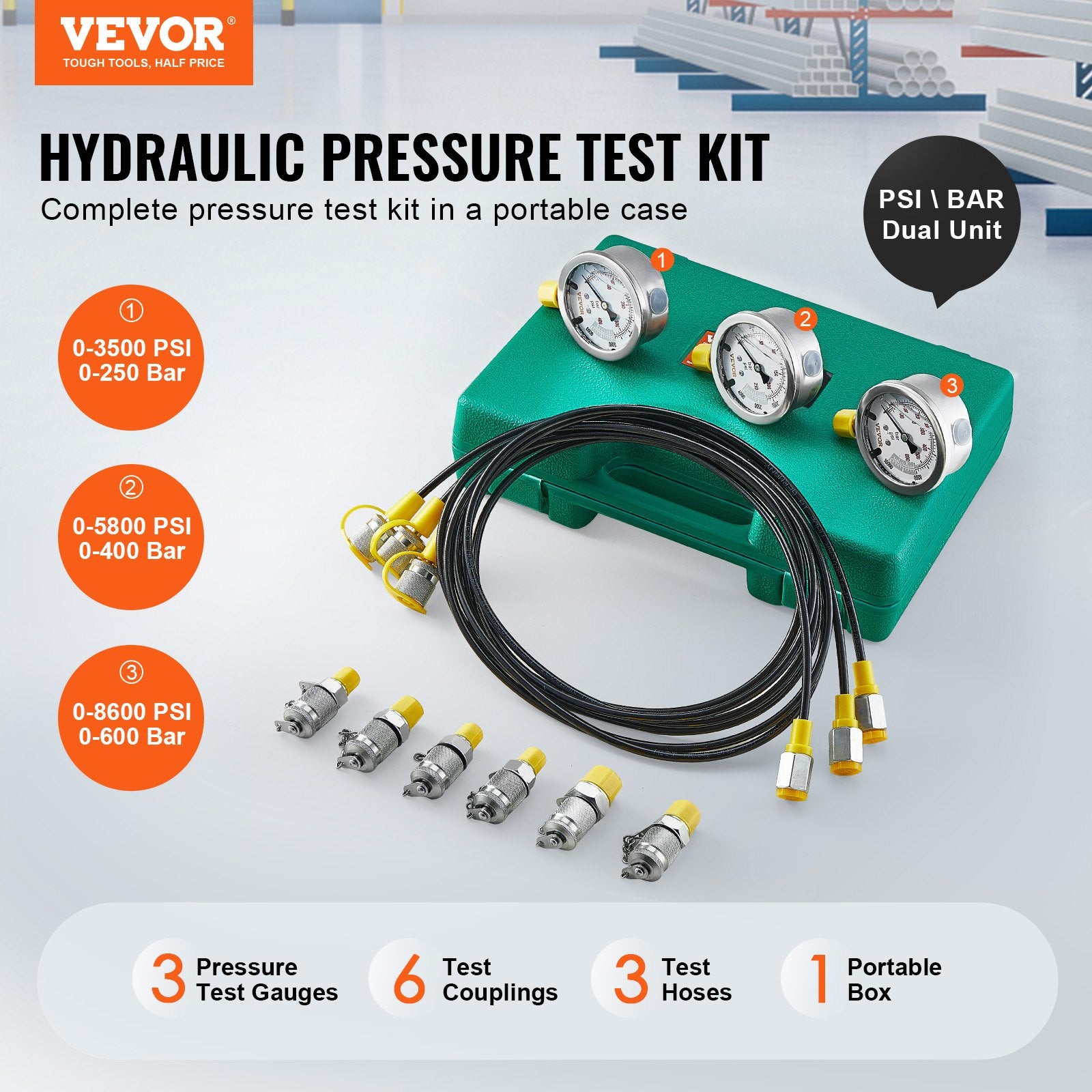 Hydraulic Pressure Test Kit 250/400/600bar 3 Gauges 6 Couplings 3 Hoses Case
