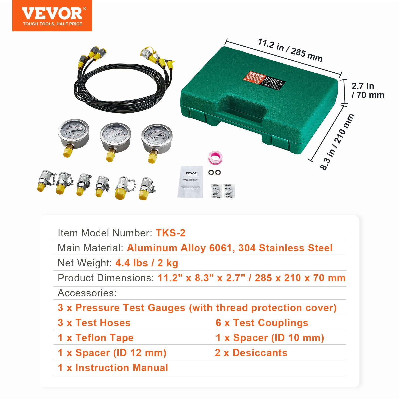 Hydraulic Pressure Test Kit 250/400/600bar 3 Gauges 6 Couplings 3 Hoses Case
