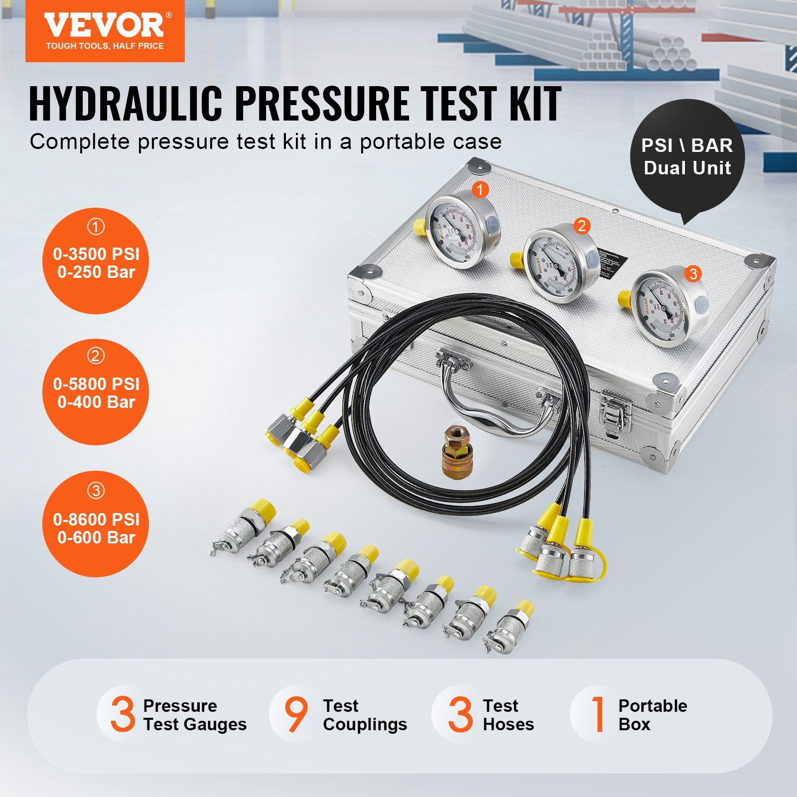 Hydraulic Pressure Test Kit 250/400/600bar with 3 Gauges Hoses Couplings