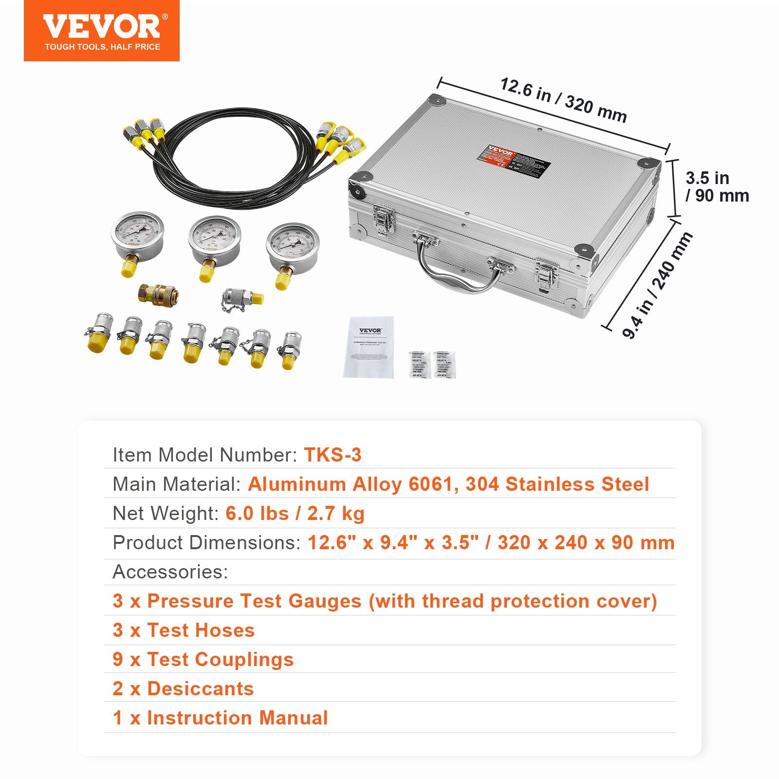 Hydraulic Pressure Test Kit 250/400/600bar with 3 Gauges Hoses Couplings