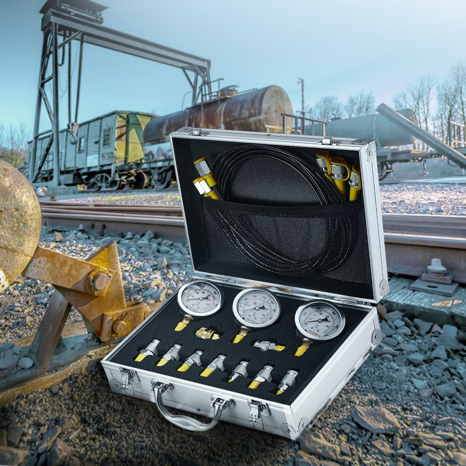 Hydraulic Pressure Test Kit 250/400/600bar with 3 Gauges Hoses Couplings
