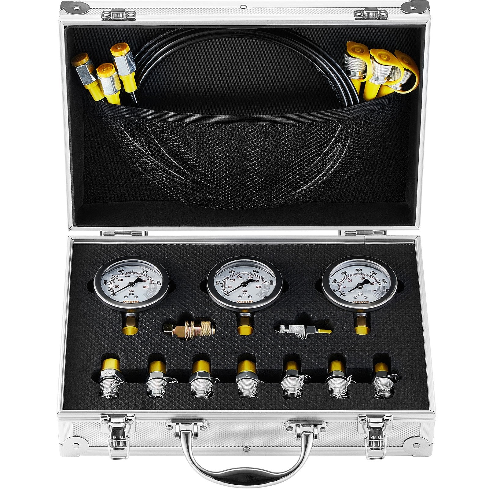 Hydraulic Pressure Test Kit 250/400/600bar with 3 Gauges Hoses Couplings