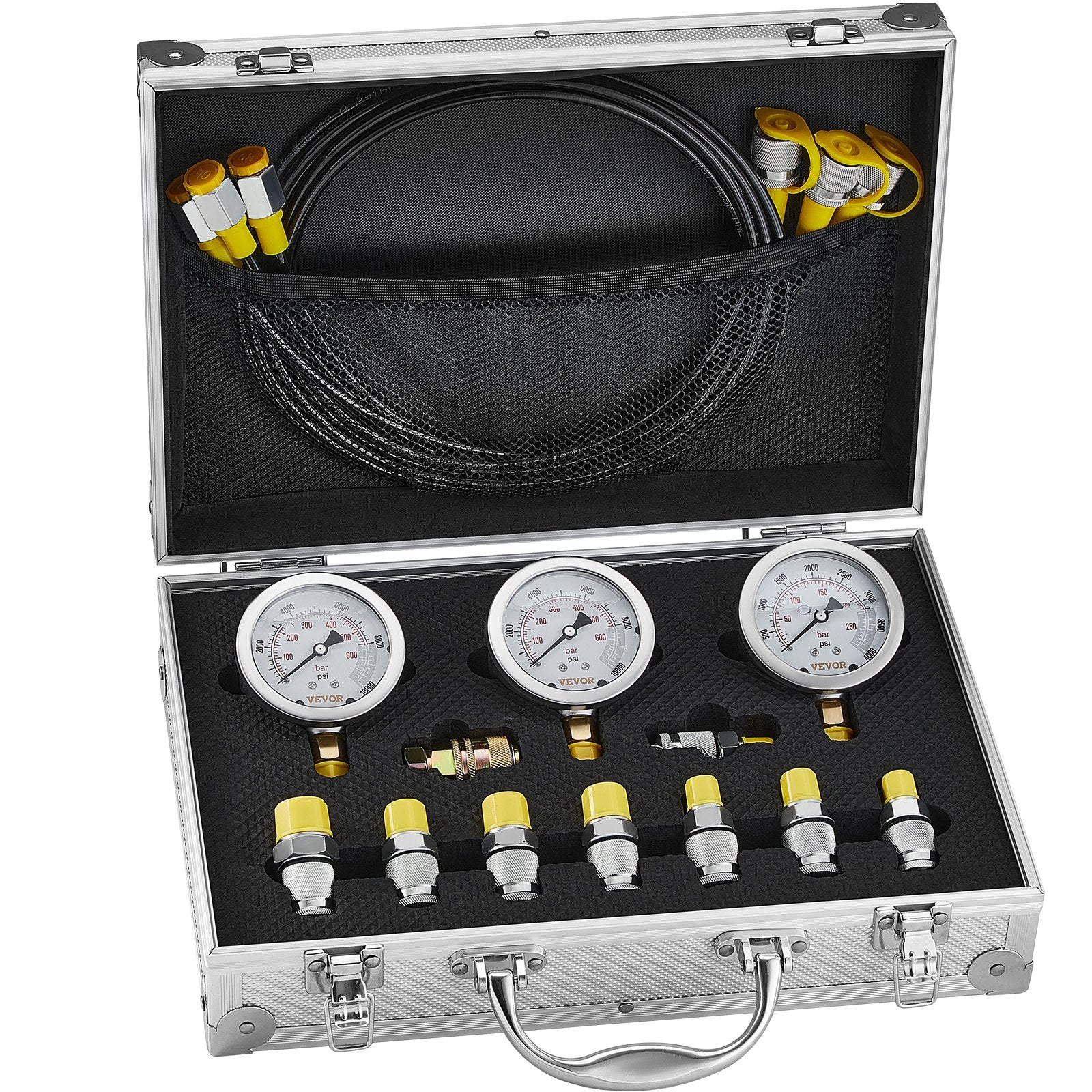 Hydraulic Pressure Test Kit 250/400/600bar with 3 Gauges Hoses Couplings