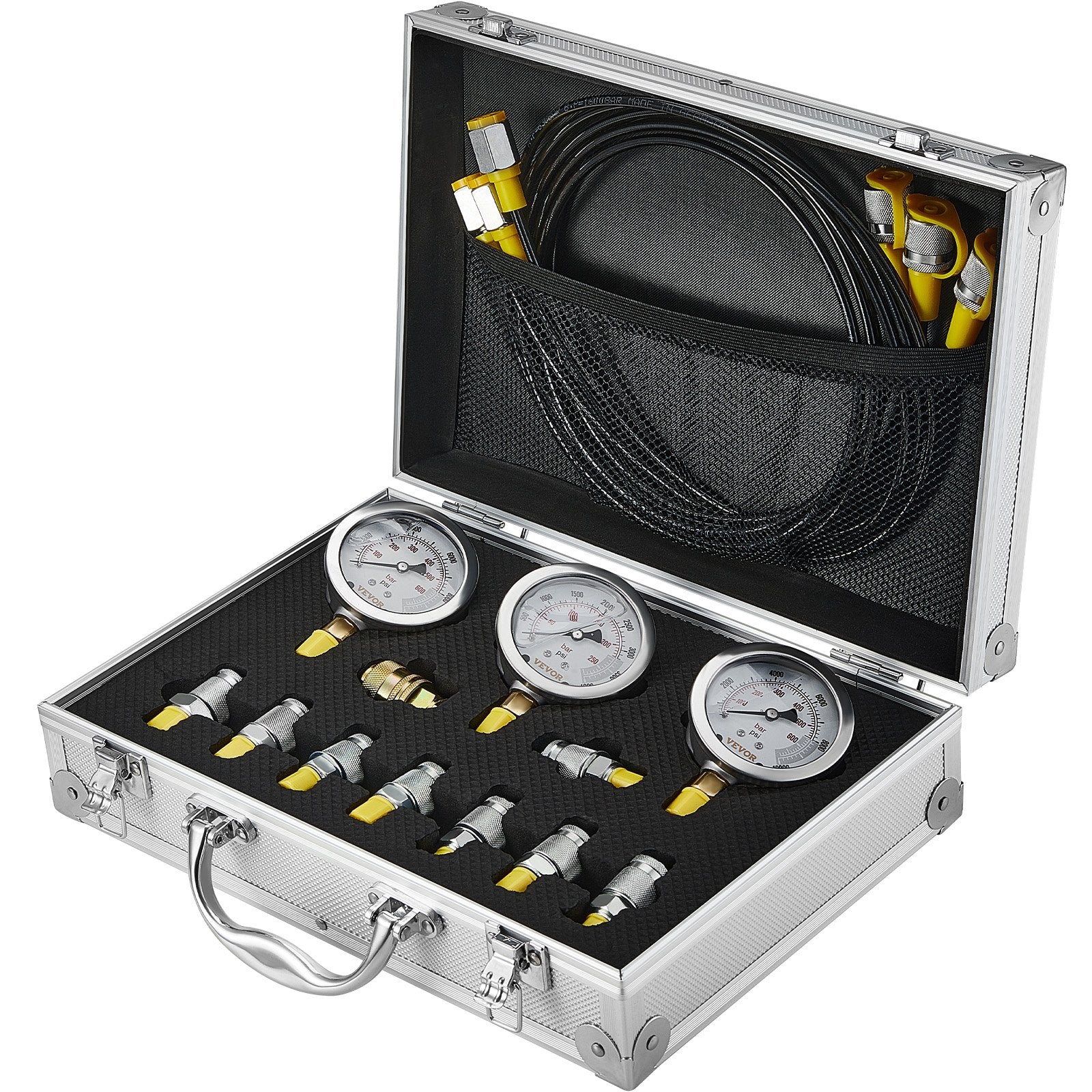 Hydraulic Pressure Test Kit 250/400/600bar with 3 Gauges Hoses Couplings