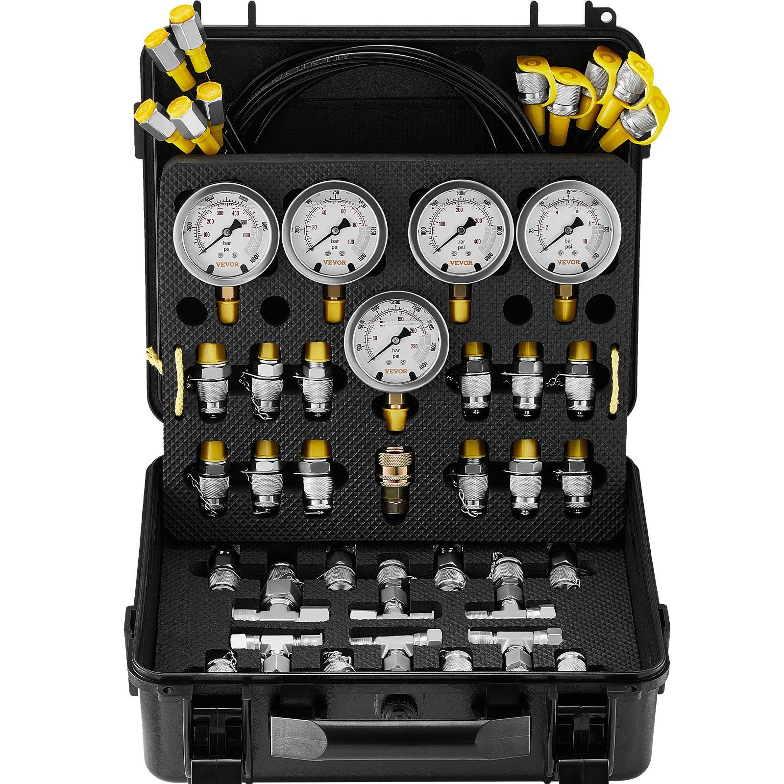 Hydraulic Pressure Test Kit, 10-600bar with 5 Gauges, Hoses, Couplings & Case