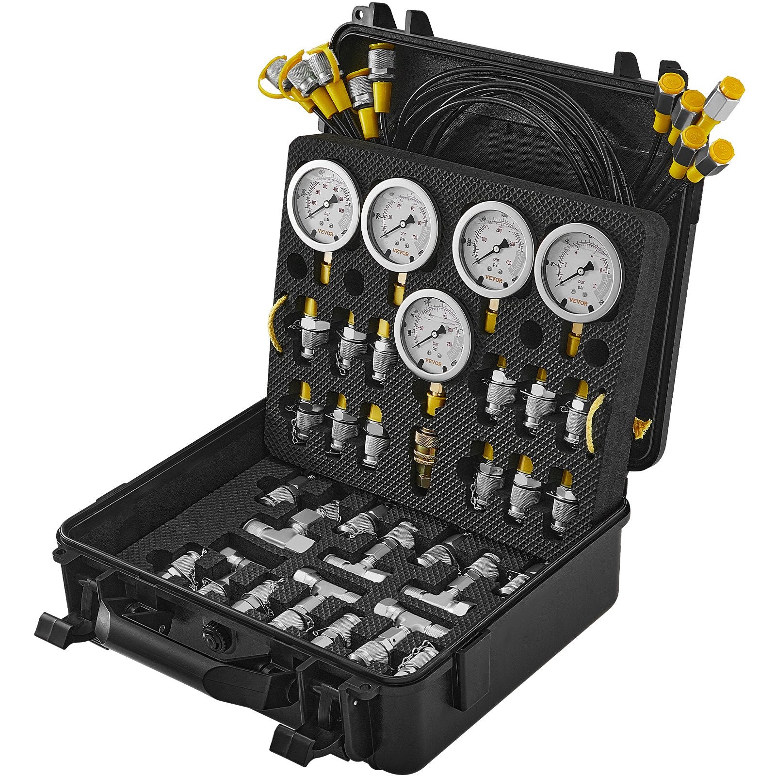 Hydraulic Pressure Test Kit, 10-600bar with 5 Gauges, Hoses, Couplings & Case