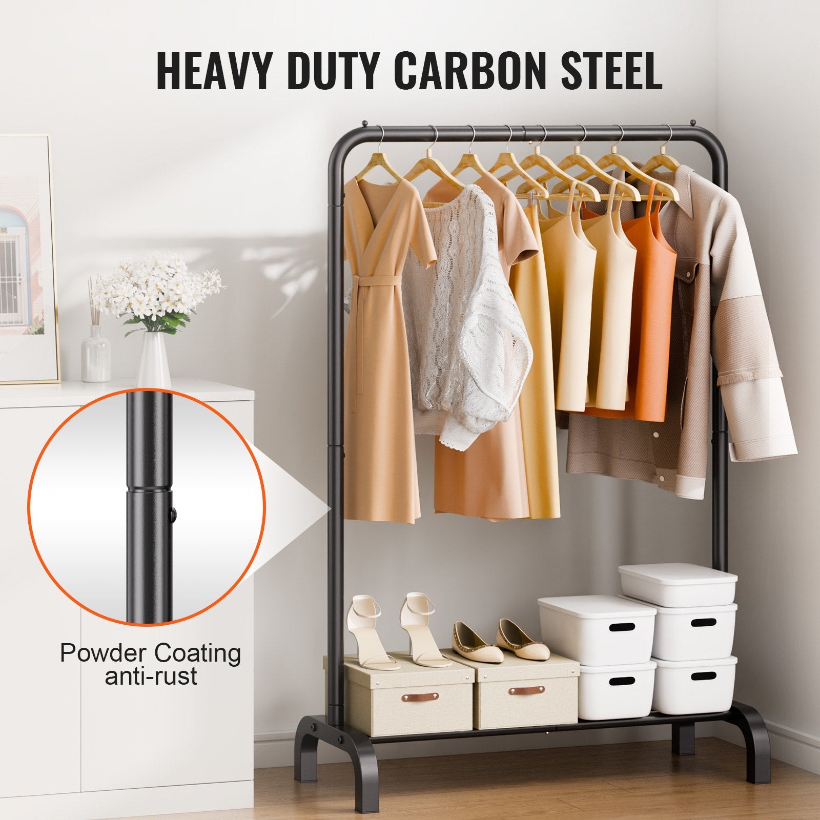 Clothes Rack Heavy Duty Garment with Hanging Rod and Bottom Storage for Bedroom