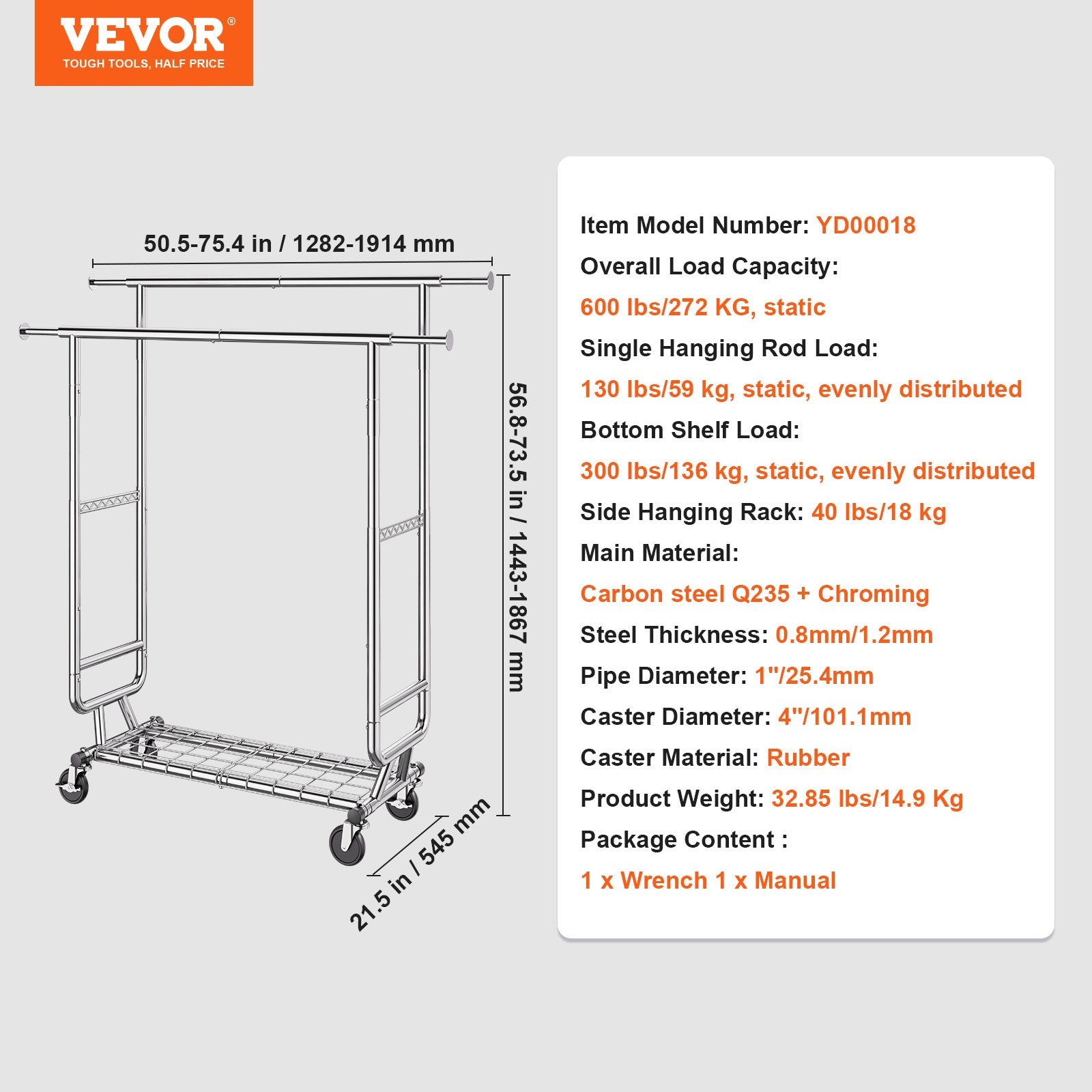 Clothes Rack Heavy Duty Double Hanging Rod Adjustable Bottom Storage 272kg