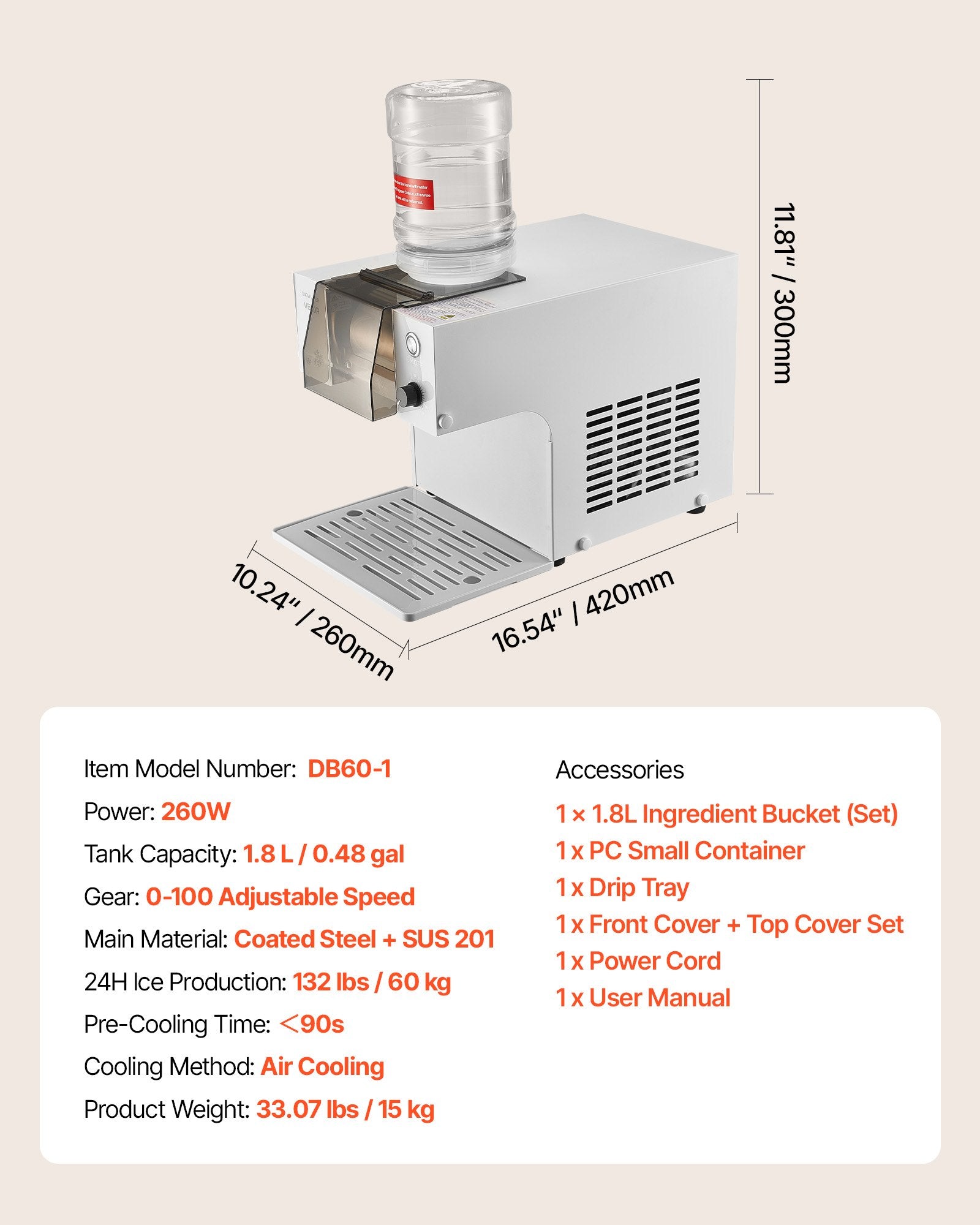 Snowflake Ice Machine 60KG/24H Ice Maker 1.8L Tank Stainless Steel Blade