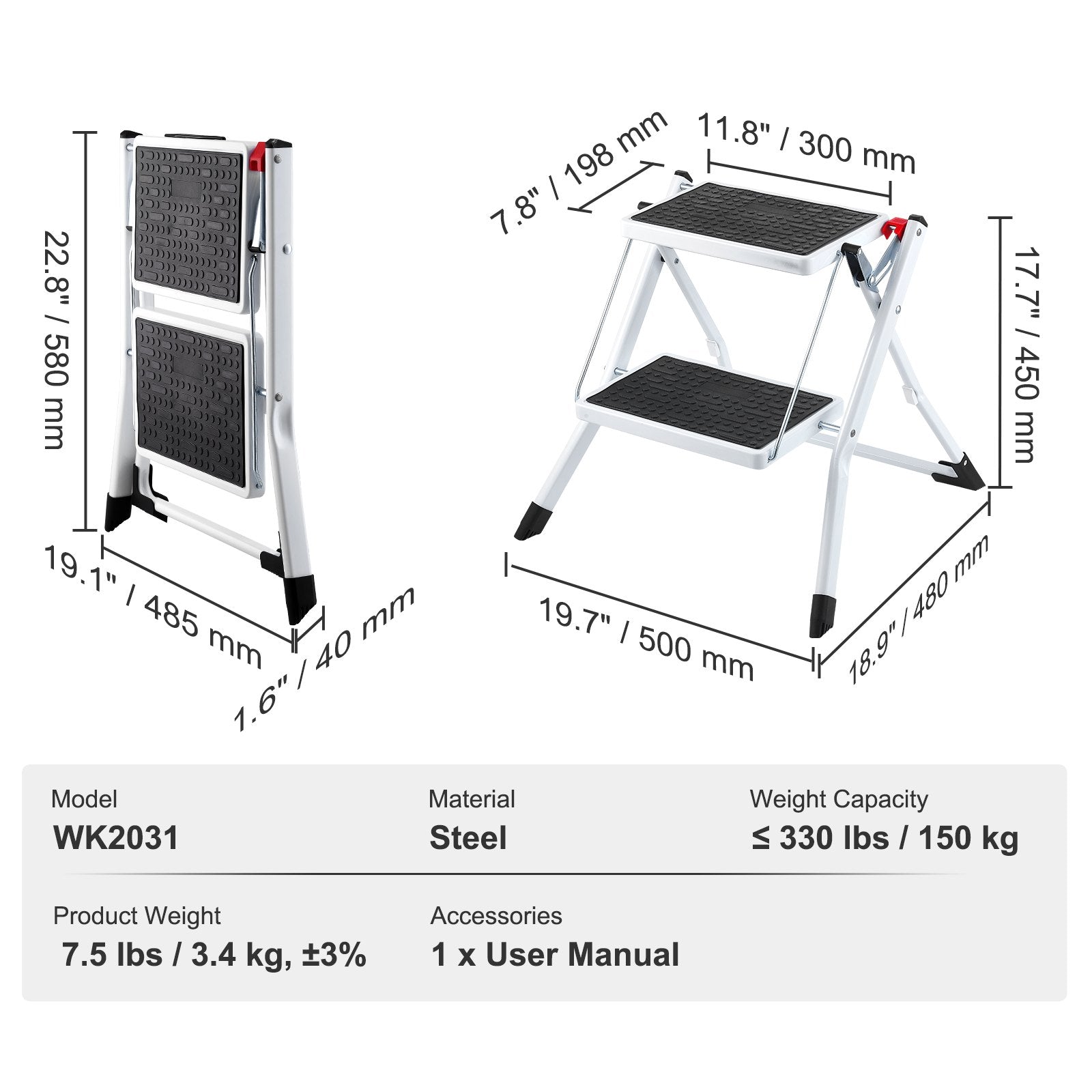 Step Ladder 2-Step 150kg Folding Steel Step Stool Wide Anti-Slip Pedal Sturdy