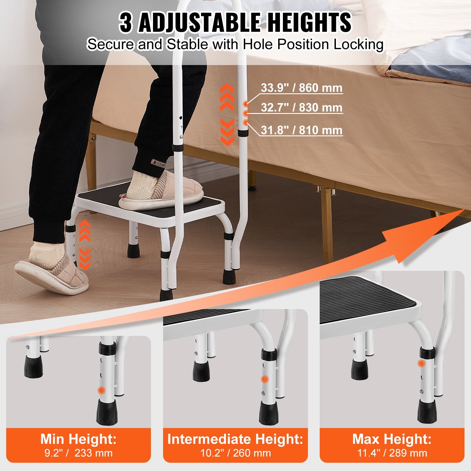 1-Step Adjustable Steel Step Stool with Handrail 150Kg Capacity