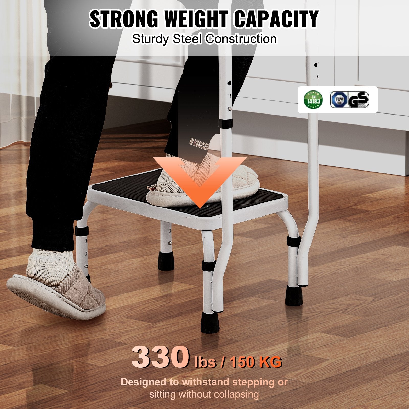 1-Step Adjustable Steel Step Stool with Handrail 150Kg Capacity