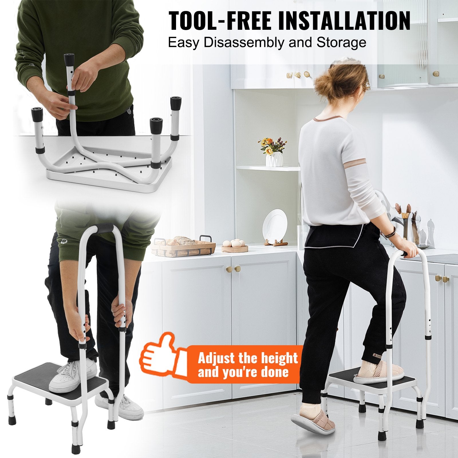 1-Step Adjustable Steel Step Stool with Handrail 150Kg Capacity