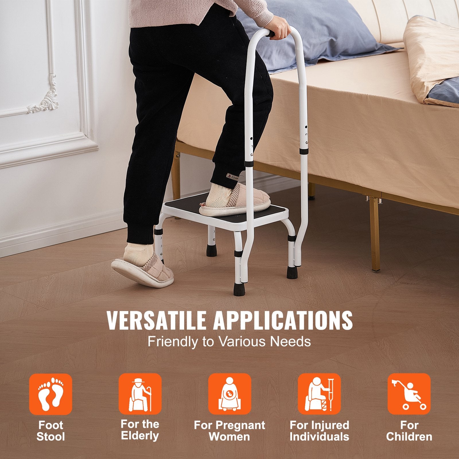 1-Step Adjustable Steel Step Stool with Handrail 150Kg Capacity