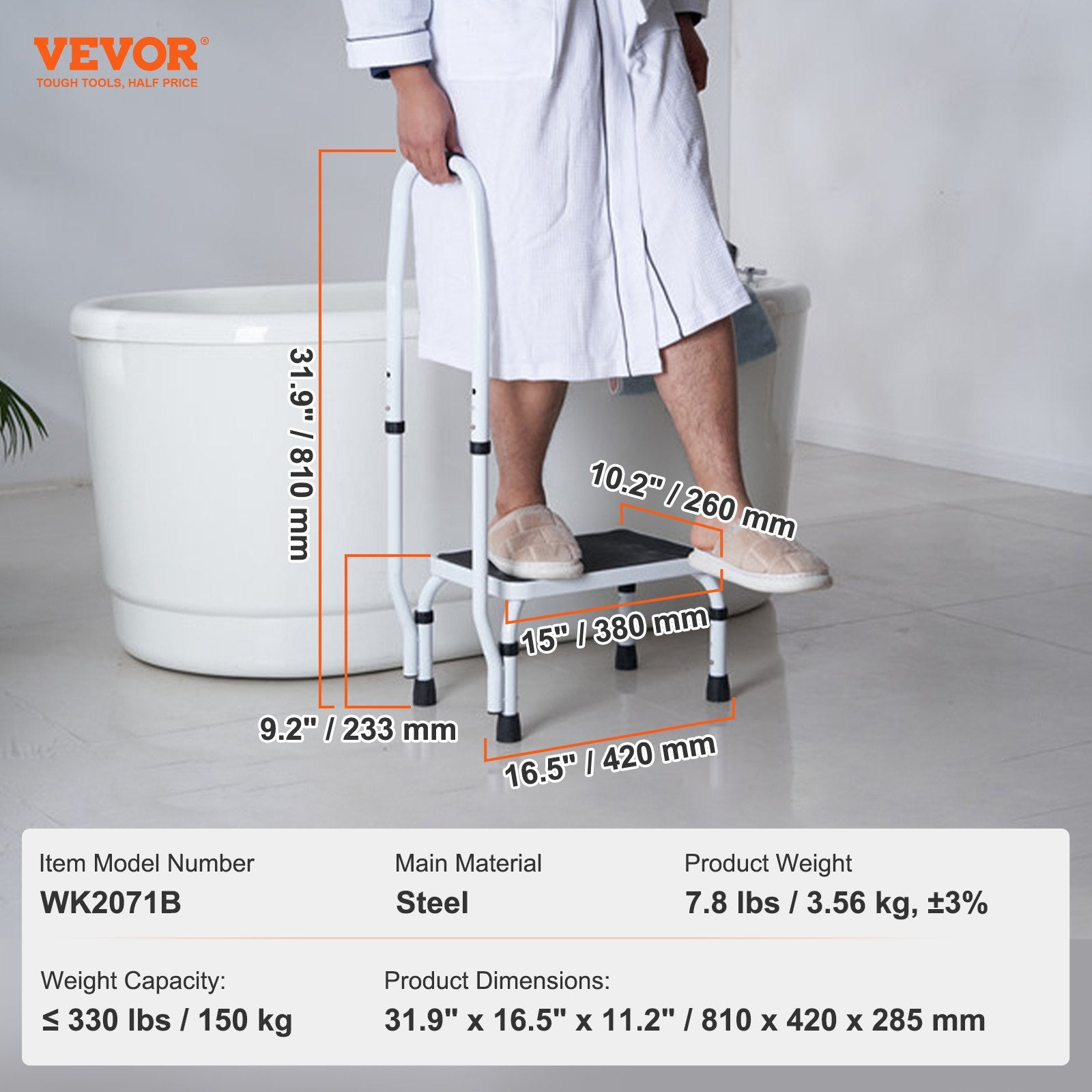 1-Step Adjustable Steel Step Stool with Handrail 150Kg Capacity