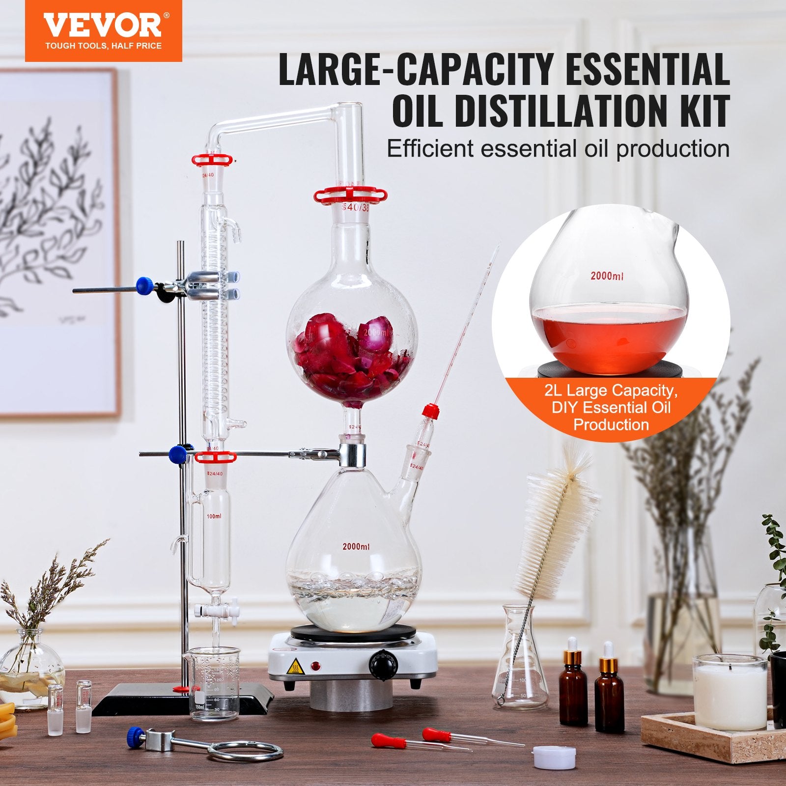 28pcs Essential Oil 2000ml Distillation Kit with 1000W Heating Plate